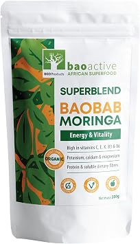 100٪ Baobab و Moringa Powder Superblend 300g 10.5 oz | مباشرة من جنوب أفريقيا | USDA Organic Certified | Gut Health & Digestive Support