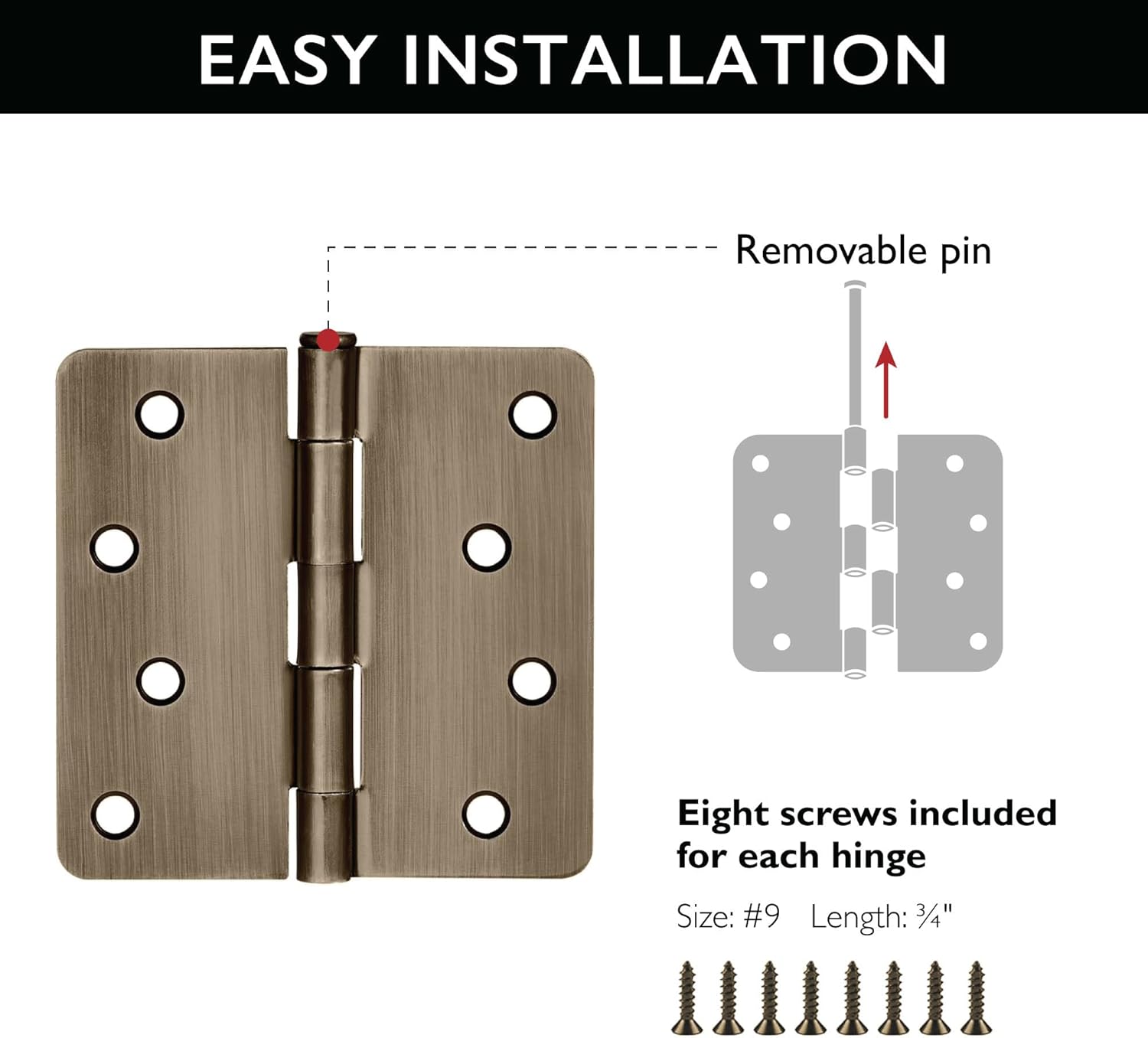 Design House Door Hinges for Interior Doors 6-Pack 4-inch x 4-inch – Rounded 1/4-inch Radius Steel Door Hinge – Antique Brass – Fits Standard Doors – Design House 186080