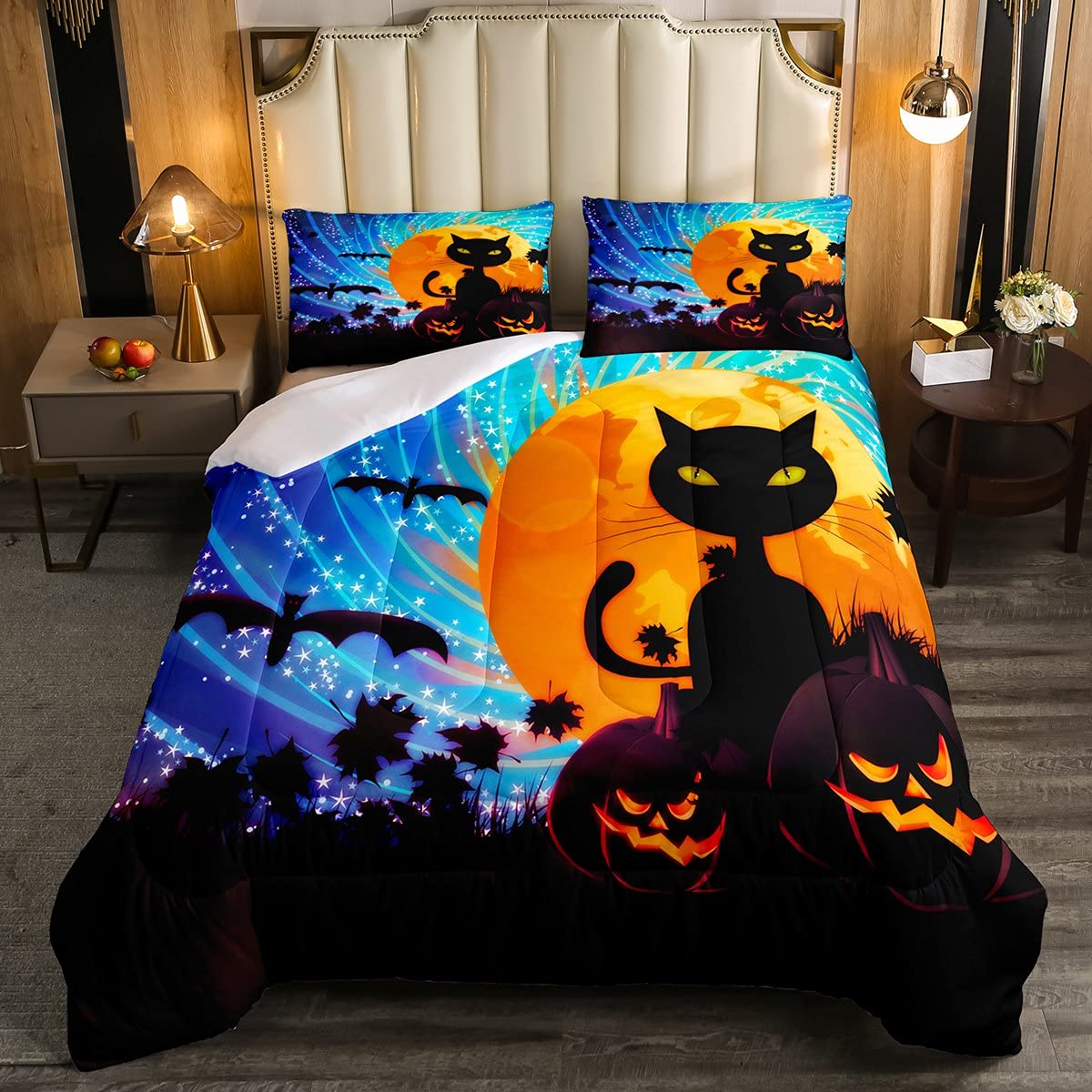 Dziewczyny czarny kot zestaw pościeli galaktyka nietoperze kołdra wkładka/kołdra dla dzieci kobiet Halloween święta impreza kołdra kolorowa kreskówka narzuta na łóżko pokój 3 szt. podwójny rozmiar