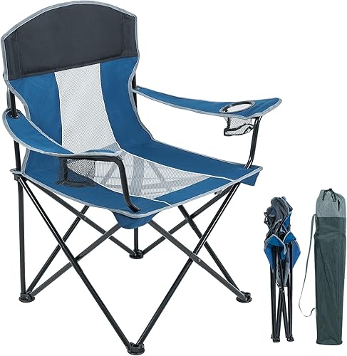 Silla de camping portátil para adultos, silla plegable con 2 portavasos, resistente soporte de 400 libras, silla de exterior de gran tamaño, silla