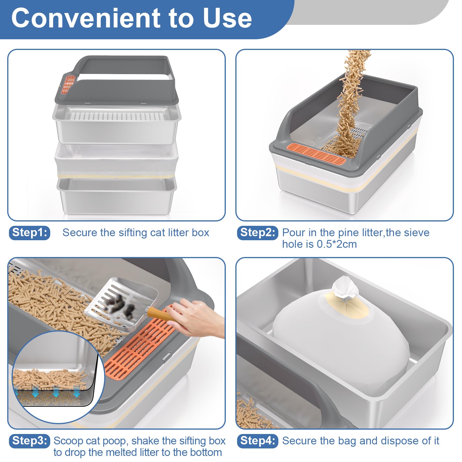 Stainless Steel Sifting Litter Box with Lid, Medium Sifting Cat Litter Box for Pine Pellets & Big Cats,Metal Pellet Sifter Litter Pan System for Odor Control,Sifting Box Liners & Scoop - image 7