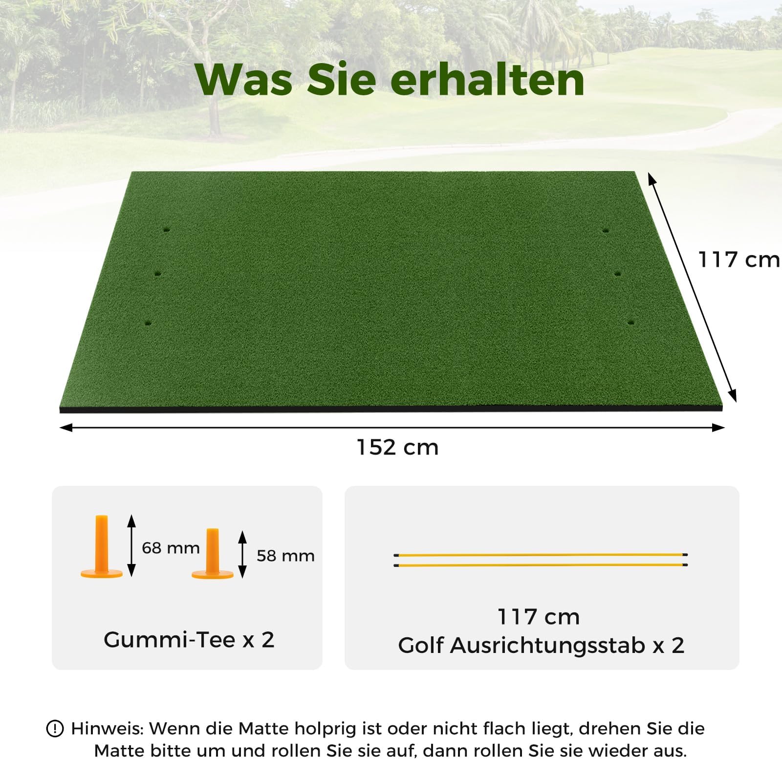 FANTASK Alfombrilla de Golf para práctica de Golf, Incluye 2 Tees de Goma y 2 Barras de alineación, 6 Posiciones de Descuento (152 x 117 cm, 25 mm), Color Verde