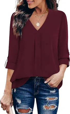 Youtalia Womens Blouses Dressy Casual Business Tops 3/4 Sleeve Chiffon V Neck Work Office Shirts