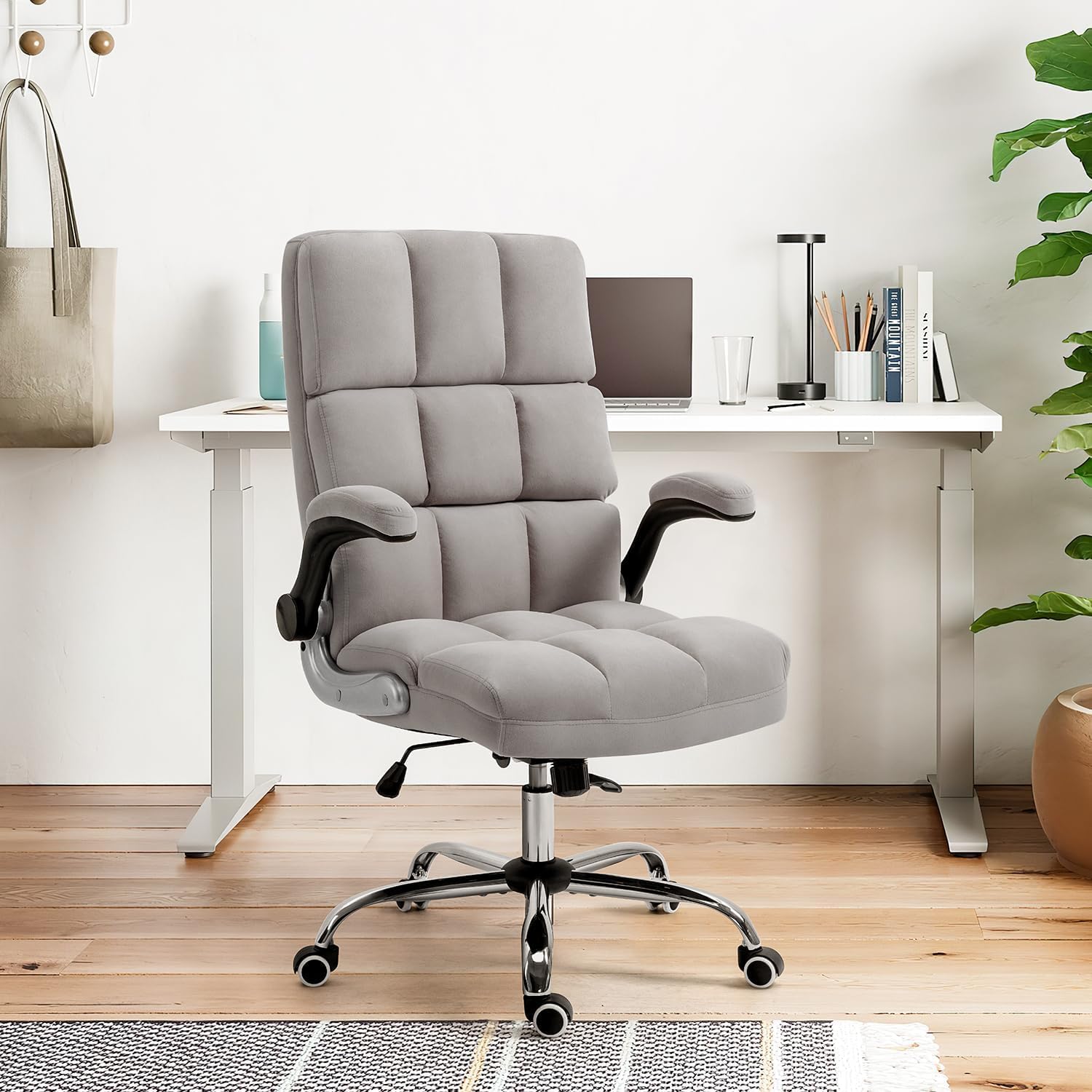ECOTOUGE Executive Office Chair, Velvet Ergonomic Comfy Desk Chair, High Back Computer Chair with Adjustable Tilt Angle and Flip-up Arms (Grey, Without Footrest)
