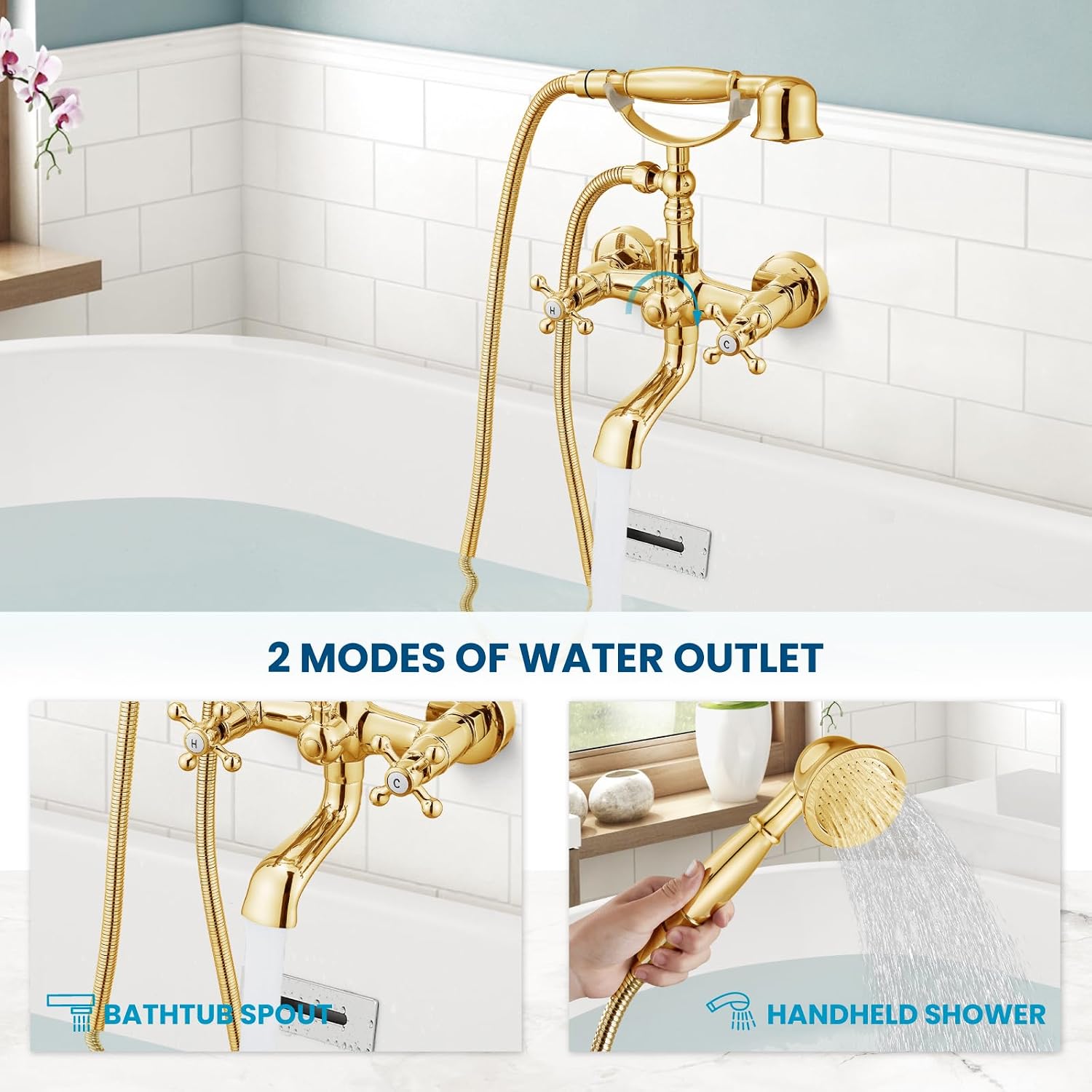 gotonovo Wall Mount Clawfoot Bathtub Faucet with HandHeld Spray and 360° Double Cross Handle Swivel Spout Vintage Tub Shower Faucet Set with Adapter Adjustable Swing Arms Polish Gold
