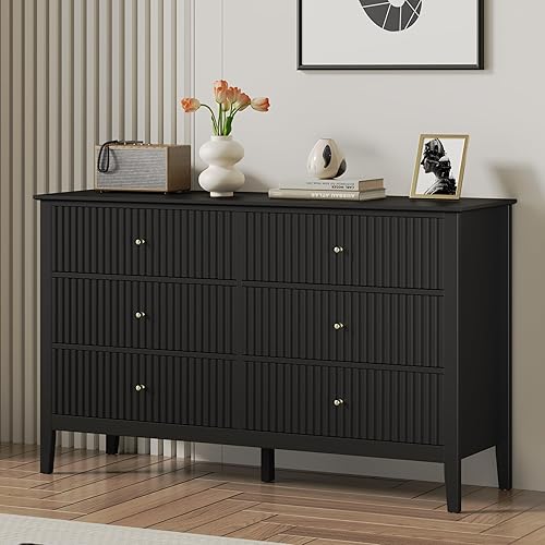 RoyalCraft Black 6 Drawer Dresser, Fluted Modern Wood Dresser, Double Chest of Drawers for Bedroom, TV Stand Storage Cabinet for Living Room