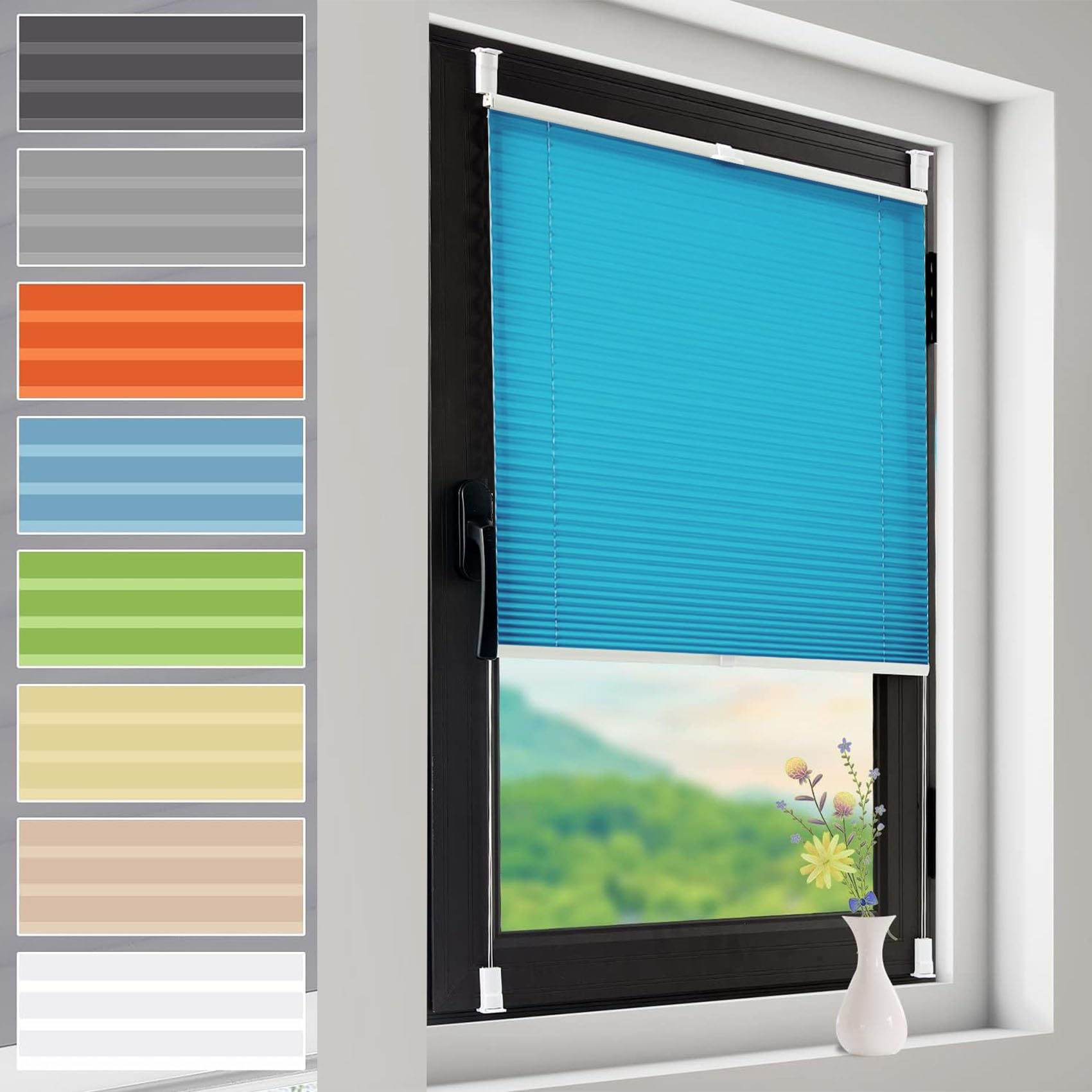 No Drill Blinds Non-woven 25 x 190 cm Stick on Blinds Curtains Blind Light Filtering Shade with White Guide Rail for Bedroom,Kitchen,Bathroom, Blue