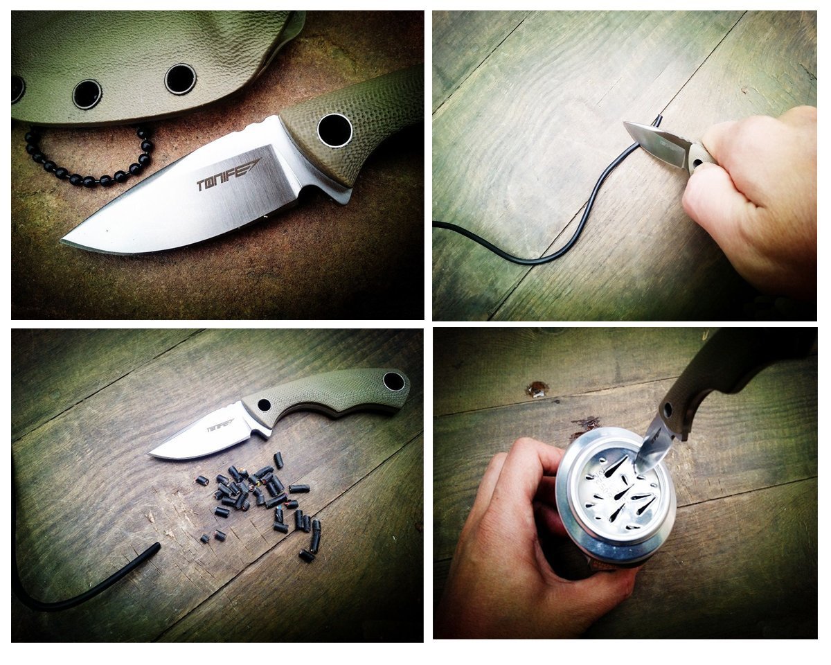 Couteau à lame fixe Tonife - Pleine soie - 119 mm - Avec gaine Kydex et chaîne à billes