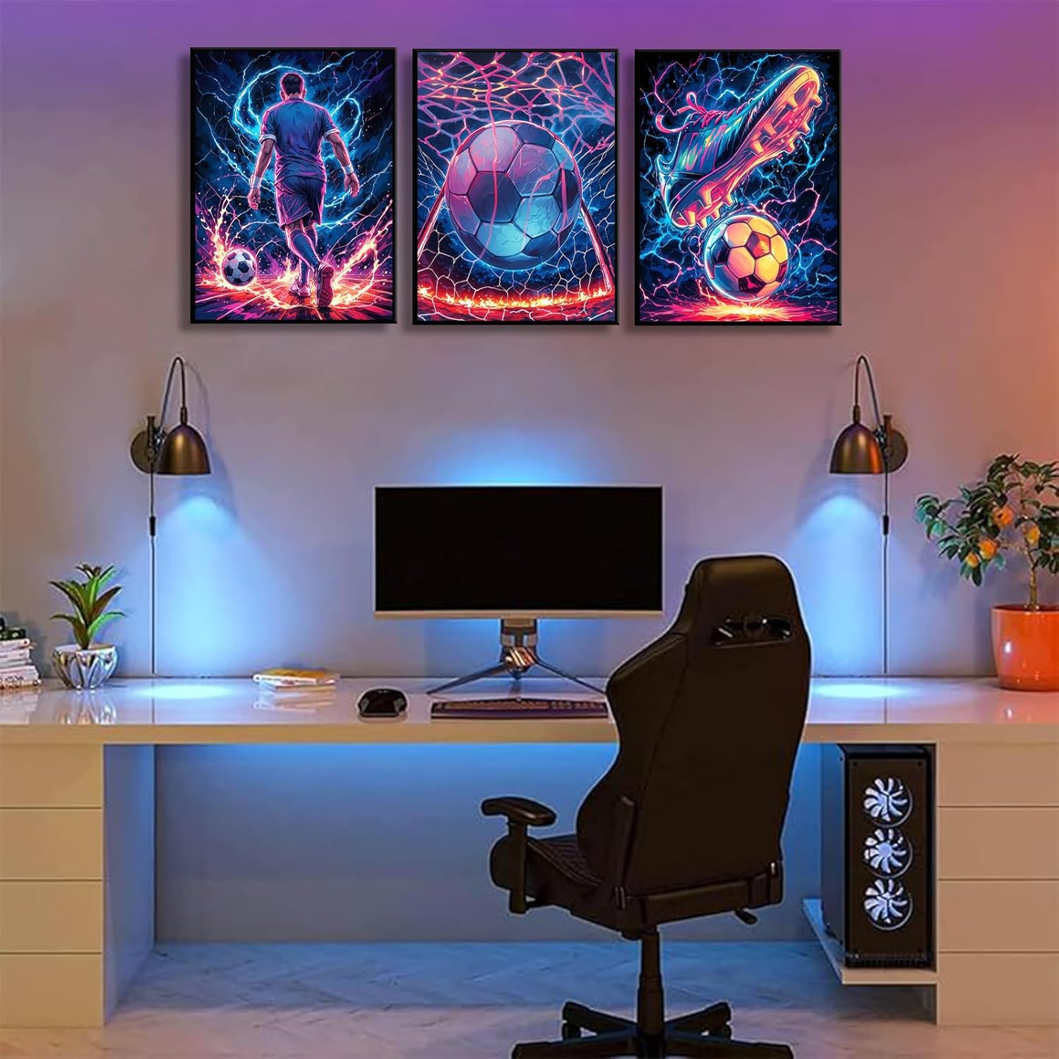 3Pcs Cool Soccer Wall Art Abstract Soccer Sneakers Posters Prints Paintings Neon Boys Football Themed Bedroom Wall Decor Artwork for Boys Room Teen Kids Playroom Decoration 12x16in - Image 2