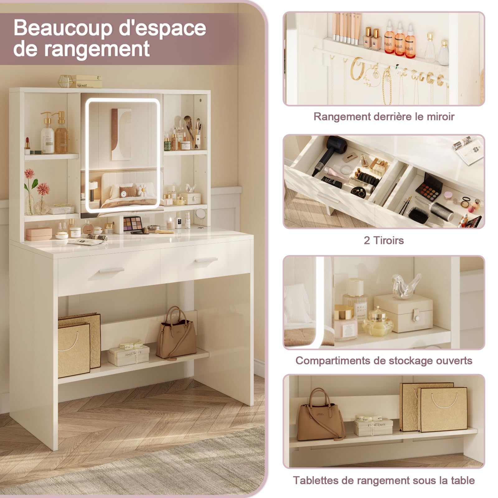 Devoko Coiffeuse avec Miroir LED, 3 Couleurs avec Luminosité Réglable, Table de Maquillage de Rangement, 2 Tiroirs et Étagères Réglables, Espace pour Bijoux, Style Moderne (Blanc)