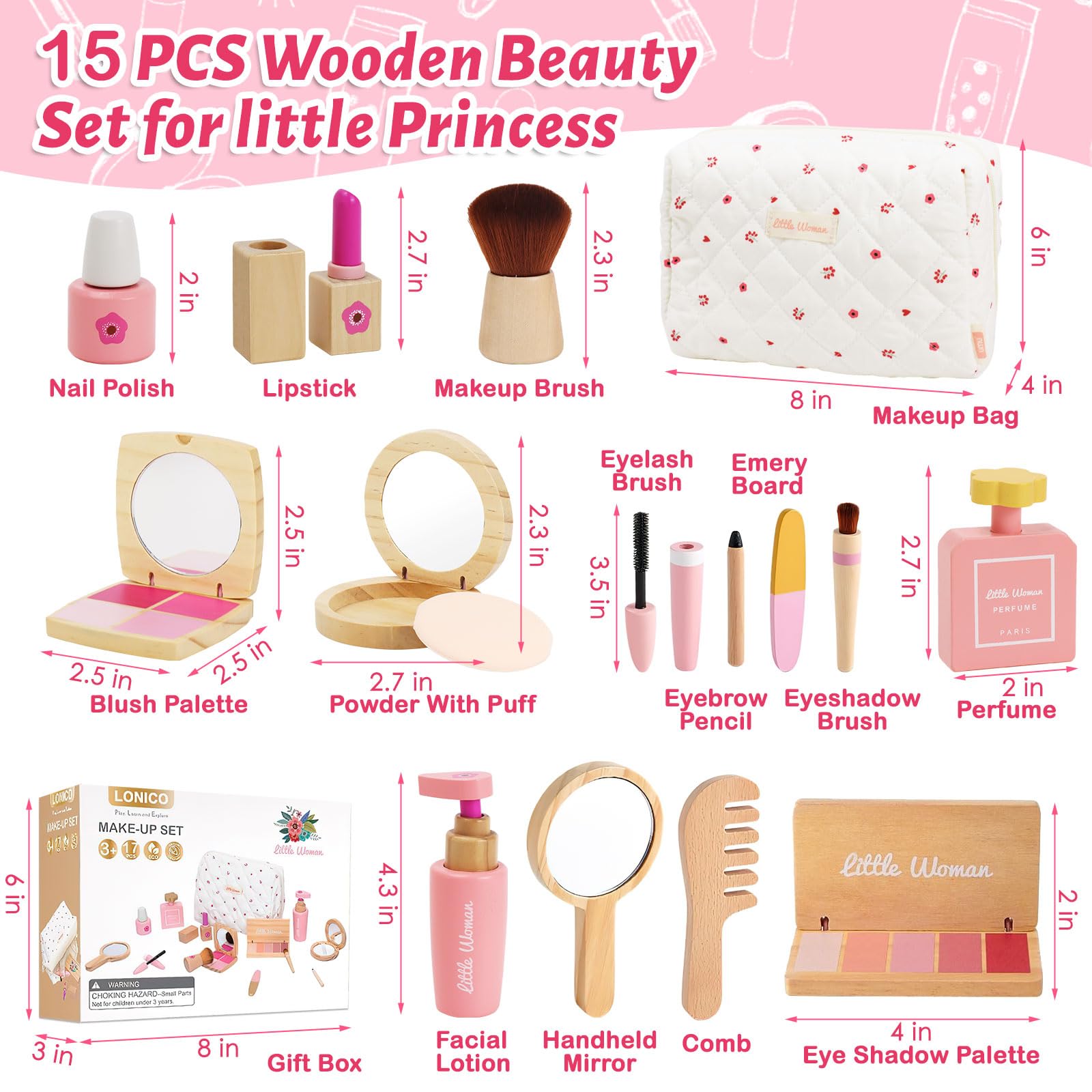 Holz Kinderschminke Set für Mädchen, 15-teiliges Kinder Schminkset aus Holz, Kosmetik Makeup Spielzeug Rollenspiel Prinzessin Schminkkoffer Geschenk ab 3 Jahren