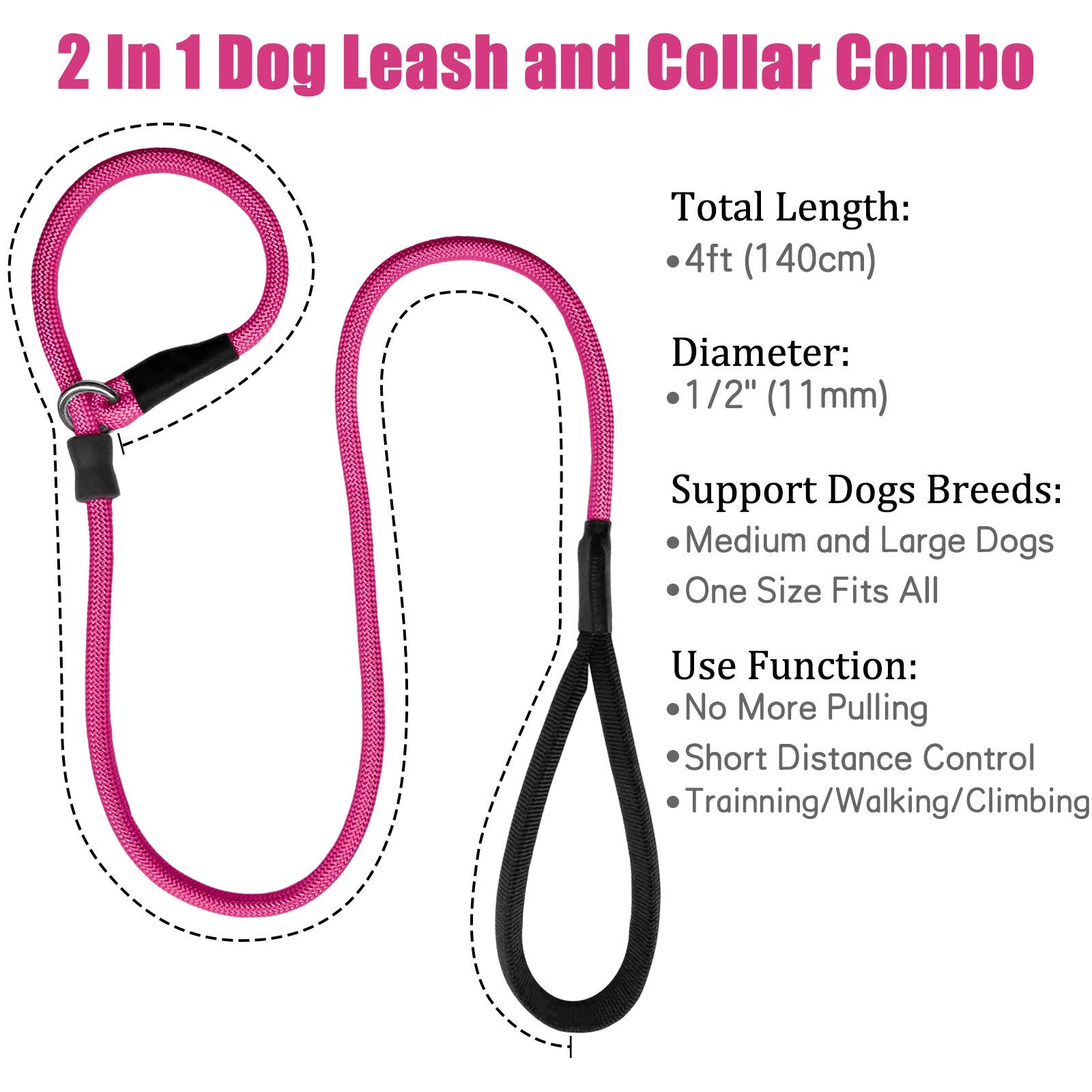 Strong Slip Rope Dog Training Leash (4ft) - Heavy Duty Durable Braided Nylon Lead with Rubber Stopper & Padded Handle - No Pull Walk for Medium Large Small Dogs (Hot Pink, 1/2" x 4ft) — view 4