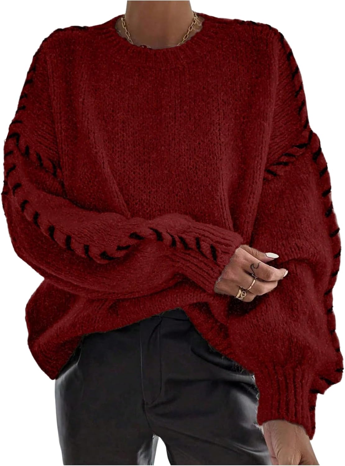 Women's Fall Oversized Sweaters Stitching Long Sleeve Crew Neck Baggy Knit Pullover Jumper Tops