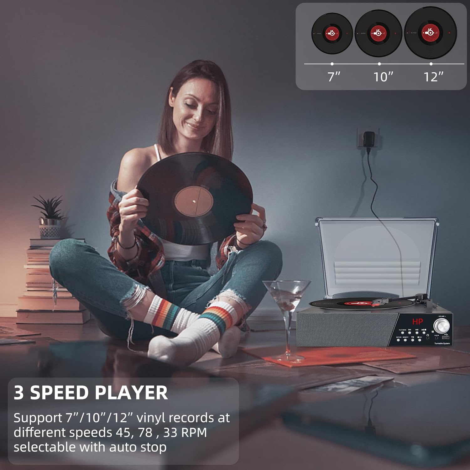 Record Player, 3 Speed Turntable Vinyl Record Player with Bluetooth Speaker, MP3 Player Portabl with FM Stereo Radio, Vinyl to MP3 Recording Phonograph Player, Black