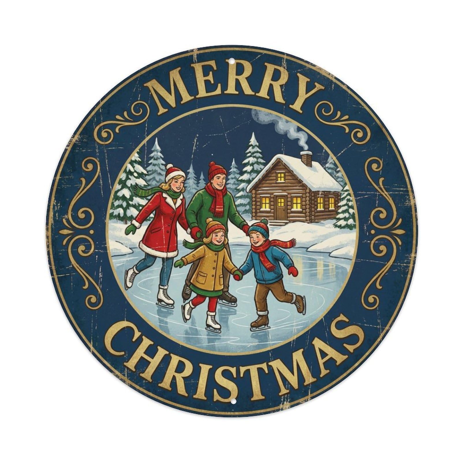 Merry Christmas Family Ice Skaters Metal Tin Sign