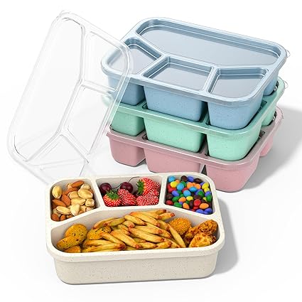 XGXN Bento Box Adult Lunch Box (4 Pack), 5-Compartment Meal Prep Container for Kids, Reusable Food Storage Containers with Transparent Lids, No BPA, Microwaveable (Wheat (Green/Blue/Pink/Beige))