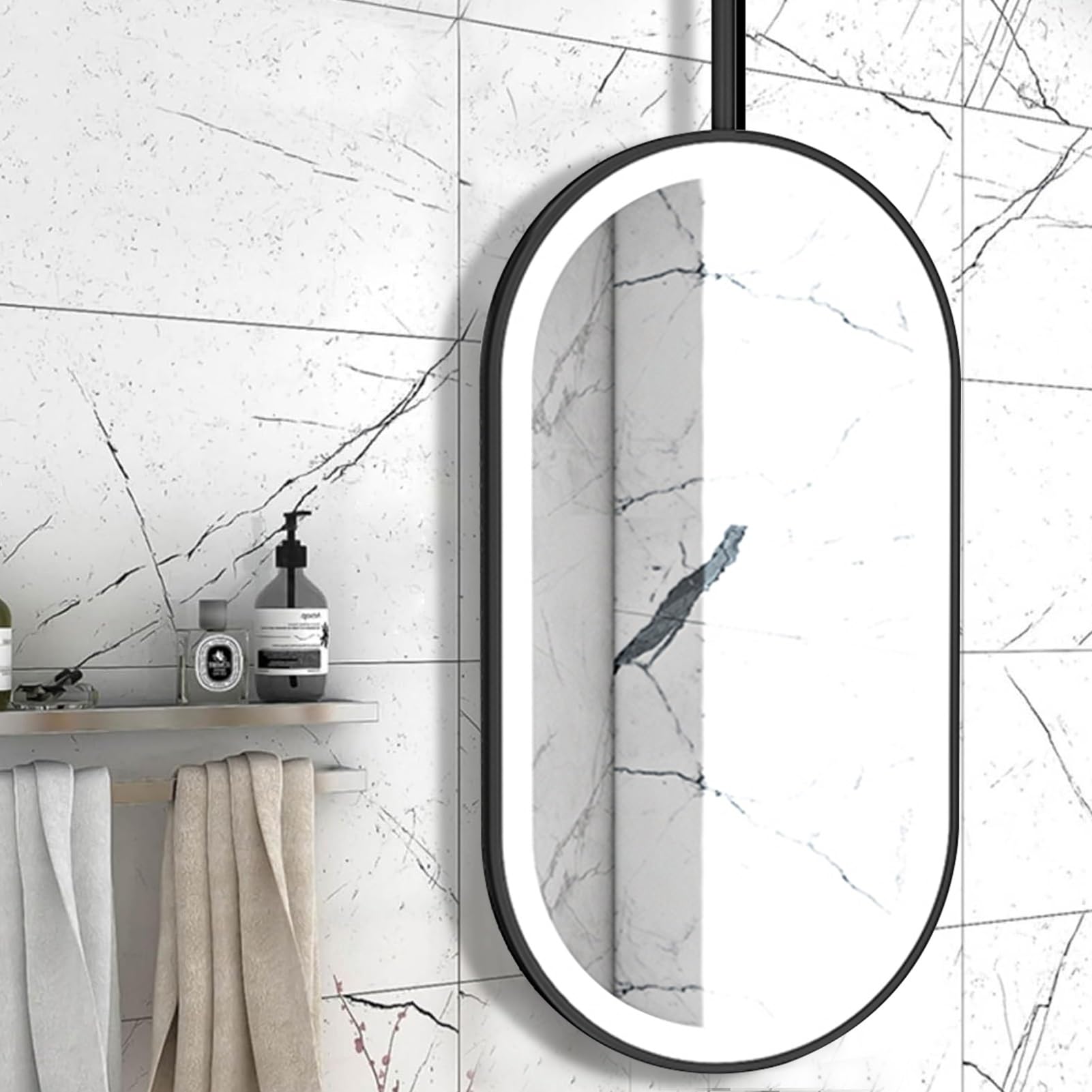 ITOSUI Large Bathroom Mirror with Lights | 3 Colors Dimmable Ceiling Mount Mirror with Metal Frame and Boom | Floating Suspended Vanity Mirrors for Home or Hotel(50cmx70cm)