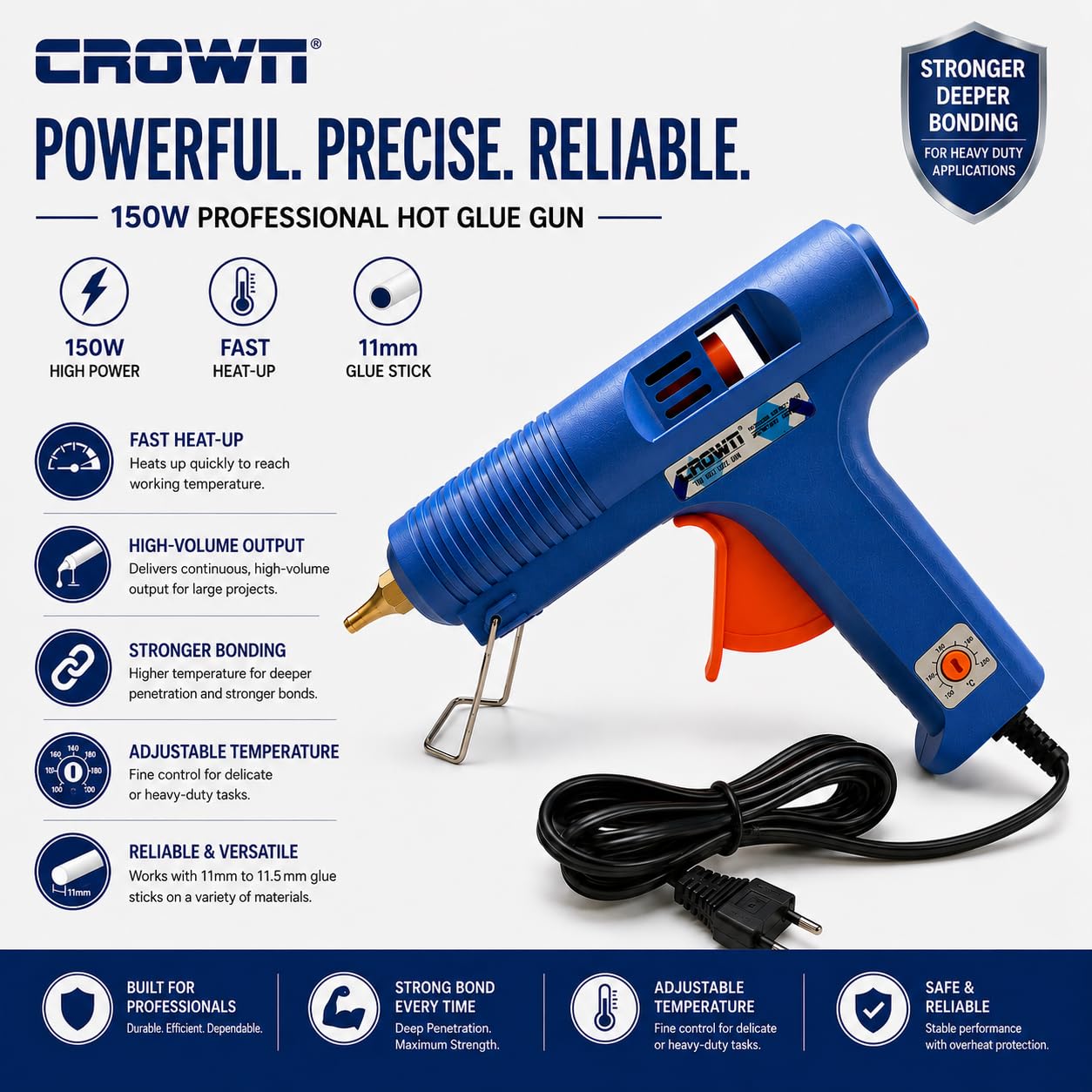 Crown 150W Heavy Duty Glue Gun with Temperature Control Regulator & Thin Nozzle for Precise Glue Output (DIY & Professional Use) + 5 Glue Sticks - CR-150 2