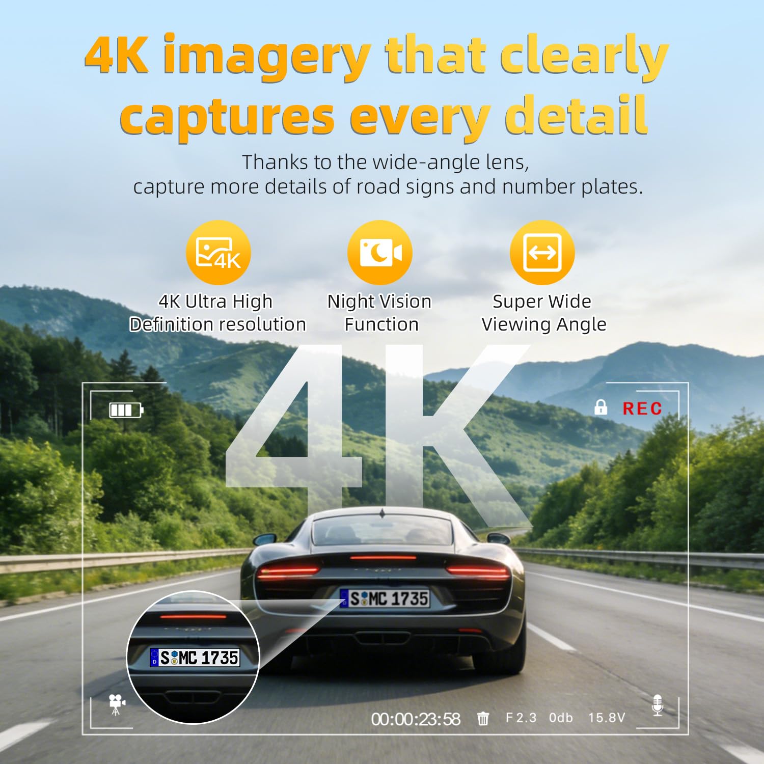 M4 Dashcam 4K Front 123° WiFi App Control Nachtsicht G-Sensor Loop Recording
