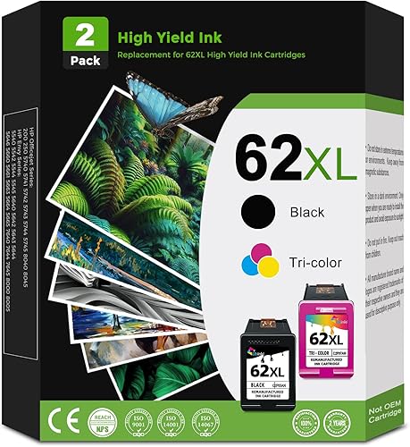 Miniatura 1 de Cartucho de tinta remanufacturado de repuesto para HP 62XL 62 XL (negro y color combo, paquete de 2) cartuchos HP62 XL HP62XL para 7640 5660 7645