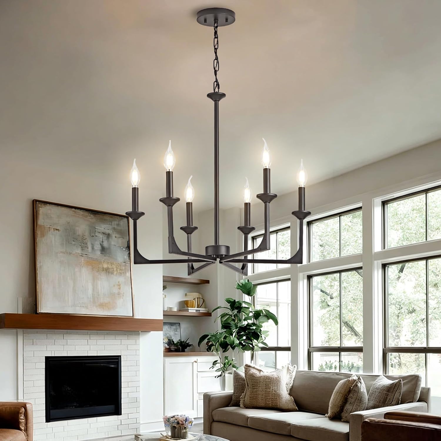 OKELI 6-Light Farmhouse Chandelier for Dining Room, Industrial Black Kitchen Island Pendant Light Fixture, Rustic Candle Chandeliers Modern Hanging Lighting for Bedroom Living Room Entryway Foyer E12