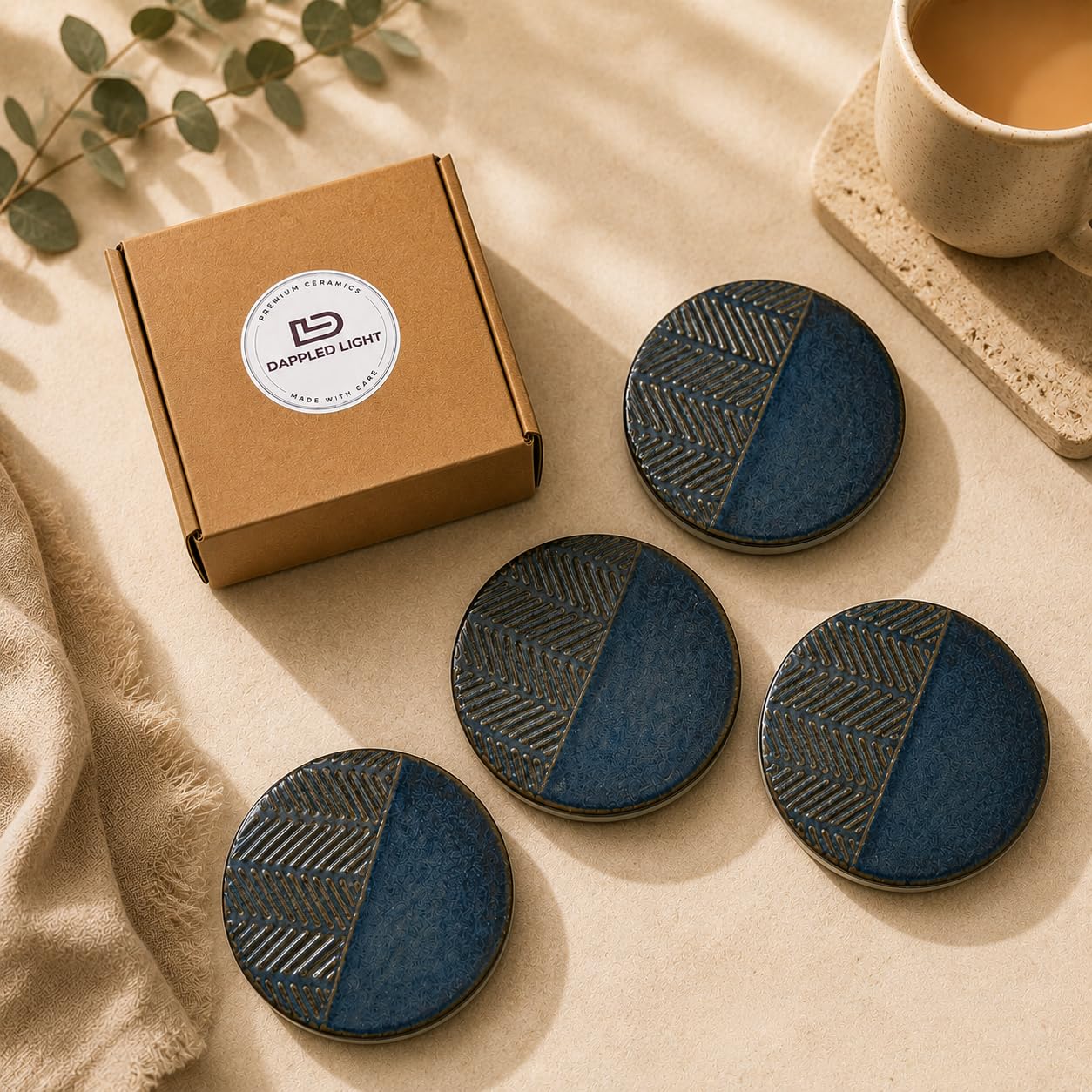 Handmade Ceramic Coasters - Set of 4 (10 cm) | Blue Textured Table Coaster for Home & Office | Perfect for Tea & Coffee Cups-image-4