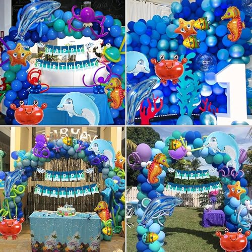Miniatura 7 de Under The Sea Party Decorations Ocean Theme Blue Balloon Garland Arch Kit Marine Happy Birthday Party Supplies Dolphin Octopus Clownfish Beach