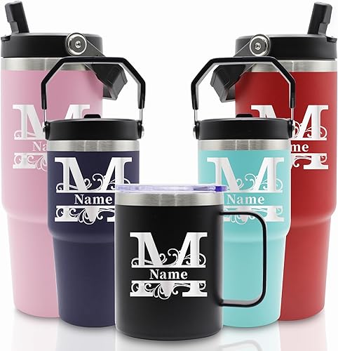Vasos de acero inoxidable grabados personalizados con nombres, tazas aisladas personalizadas con asa, taza de café de viaje, regalos para ellaél,