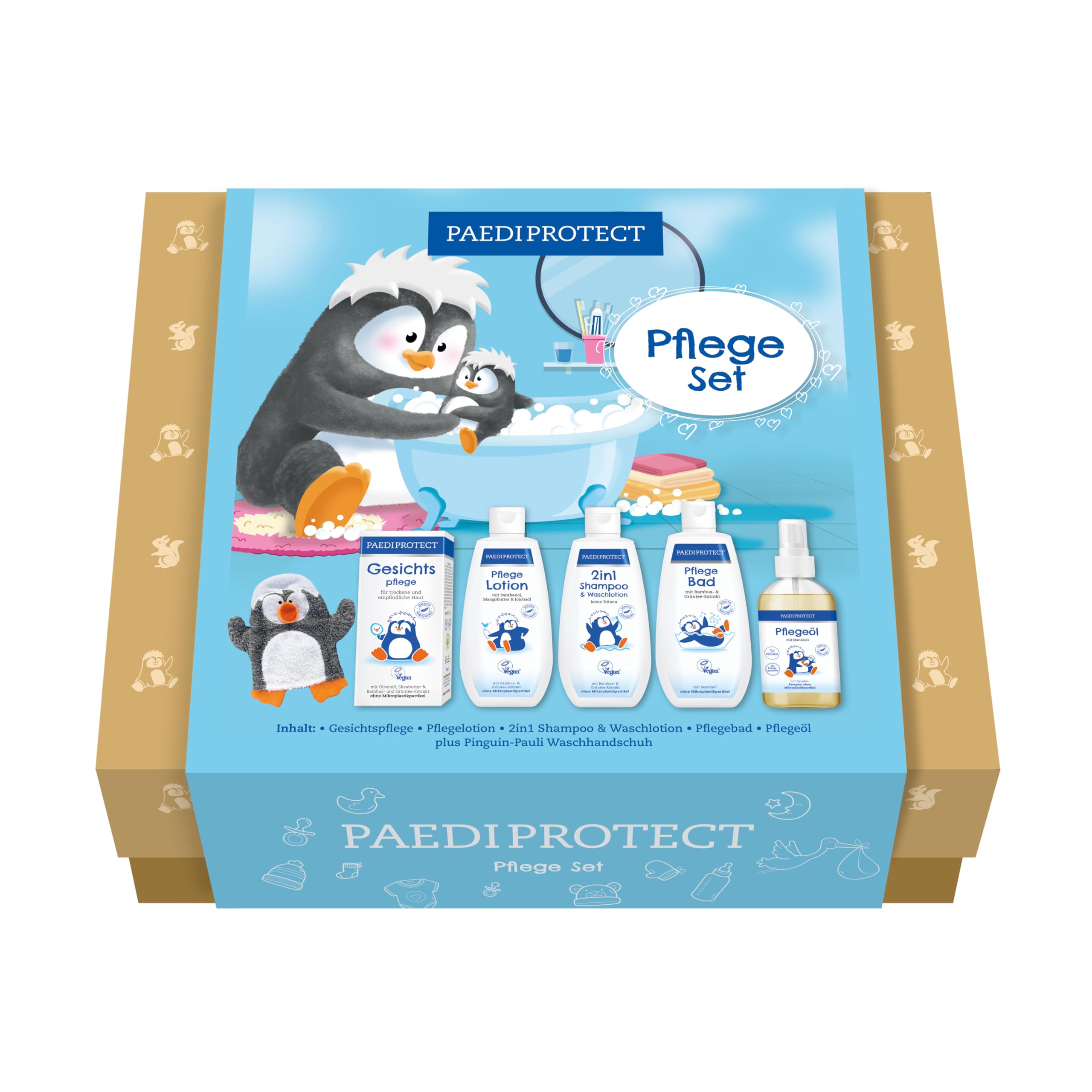 PAEDIPROTECT Pflegebox, Haut Pflegeset mit 1x Gesichtspflege, 1x Shampoo & Waschlotion, 1x Pflegelotion für Babys- und Kinder, 1x Pflegebad, 1x Pflegeöl, Geschenkset mit Pflegeprodukten, Geschenkset