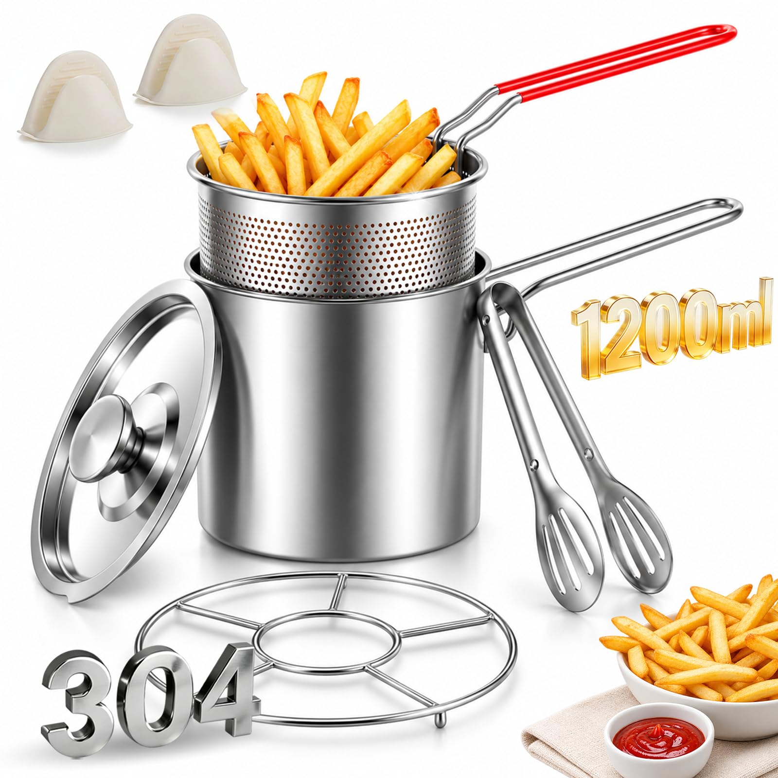 304 Stainless Steel Multifunctional Fryer with Basket for Chips (3 set,1.2L)