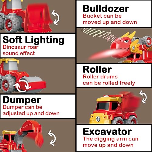 Miniatura 5 de CREAMKIDS - Juego de auto de ingeniería desarmable, 5 en 1, vehículos de construcción, se transforma en robot de pterosaurio, juguete de