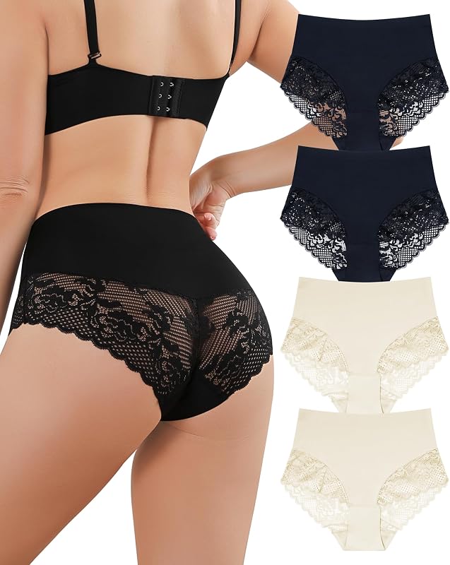 Aijolen Culotte sans Couture Femme Invisible Taille Haute Slip Dentelle sous-Vêtements Sexy Extensible Hipster Bikini Lot de 4