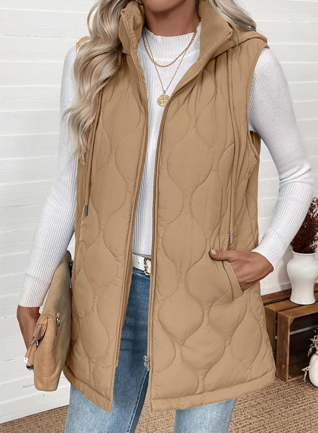 EVALESS Long Puffer Vest Women Sleeveless Hooded Puffer Jacket Lightweight Quilted Jackets Winter Warm Zip Up Coat Outerwear - Image 3