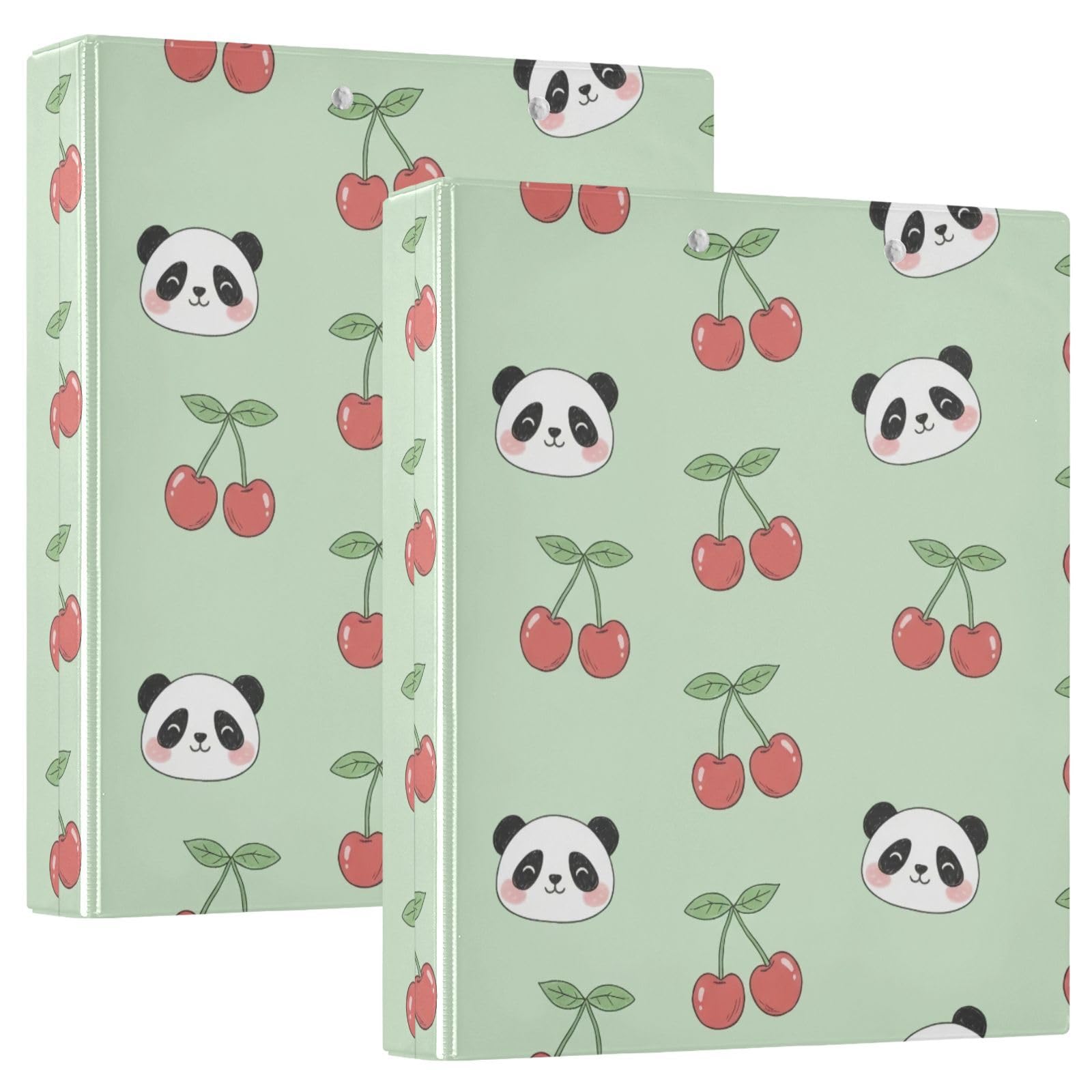 Carpeta de 3 anillas, lindo panda rojo cerezas pastel carpeta de anillos D, paquete de 2 | Con portapapeles y bolsillos, para escuela, universidad, oficina