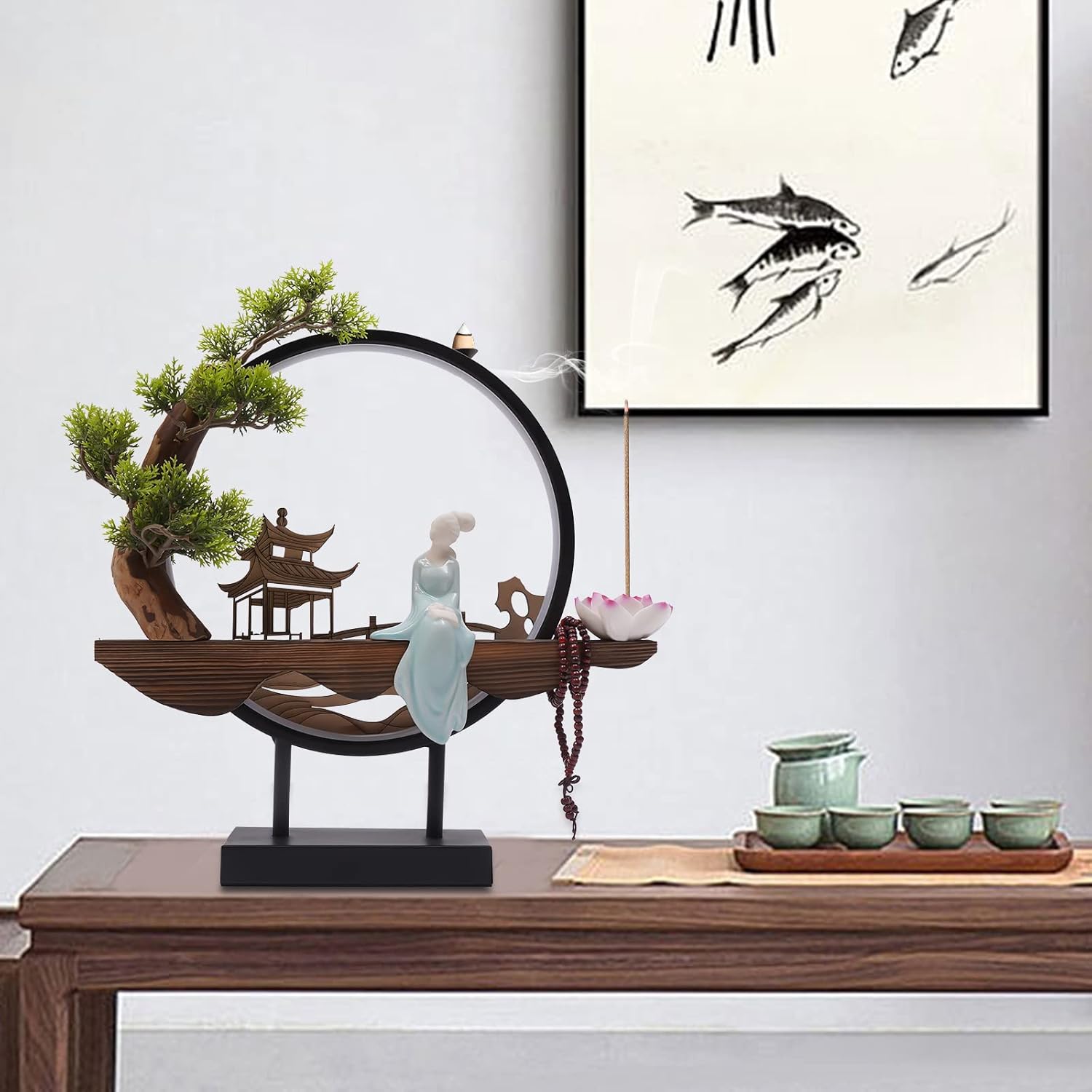 Incense Burner, LED Backflow Incense Burner Incense Holder for Sticks with USB Cord, Ceramic Tabletop Classical Incense Waterfall Incense Cone for Home Office Decor (Style 1)