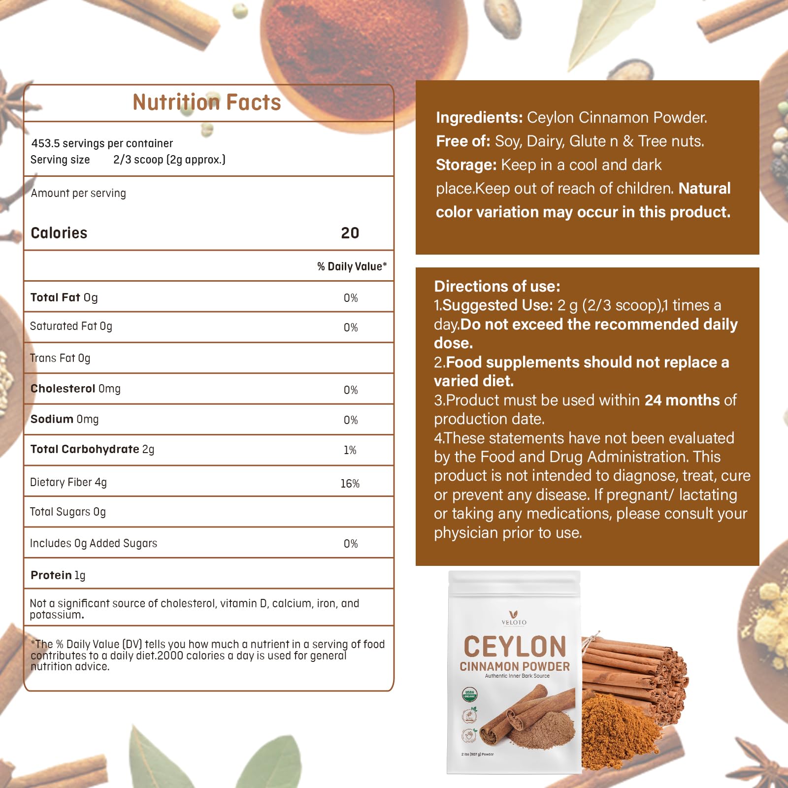 Bio Ceylon Zimtpulver 100% rein ohne Zusatzstoffe ohne Konservierungsstoffe GMO frei Vegan Perfekt zum Backen, Kochen und Getränke 907G