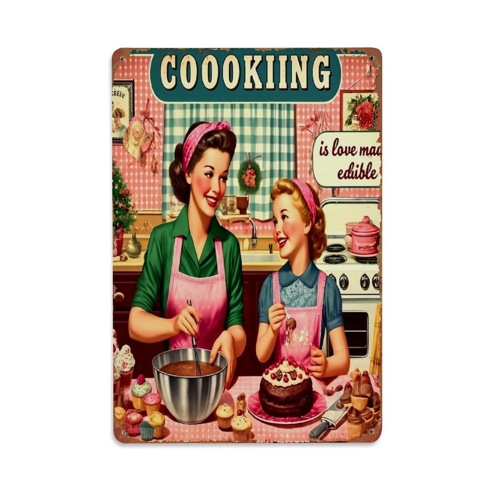 Jdfenggu Vintage Retro Kitchen Cooking Scene Pattern Retro Metal Tin Sign, Decor Art Poster For Bar, Home, Man Cave, Kitchen, Laundry Room Gift 8X12inch