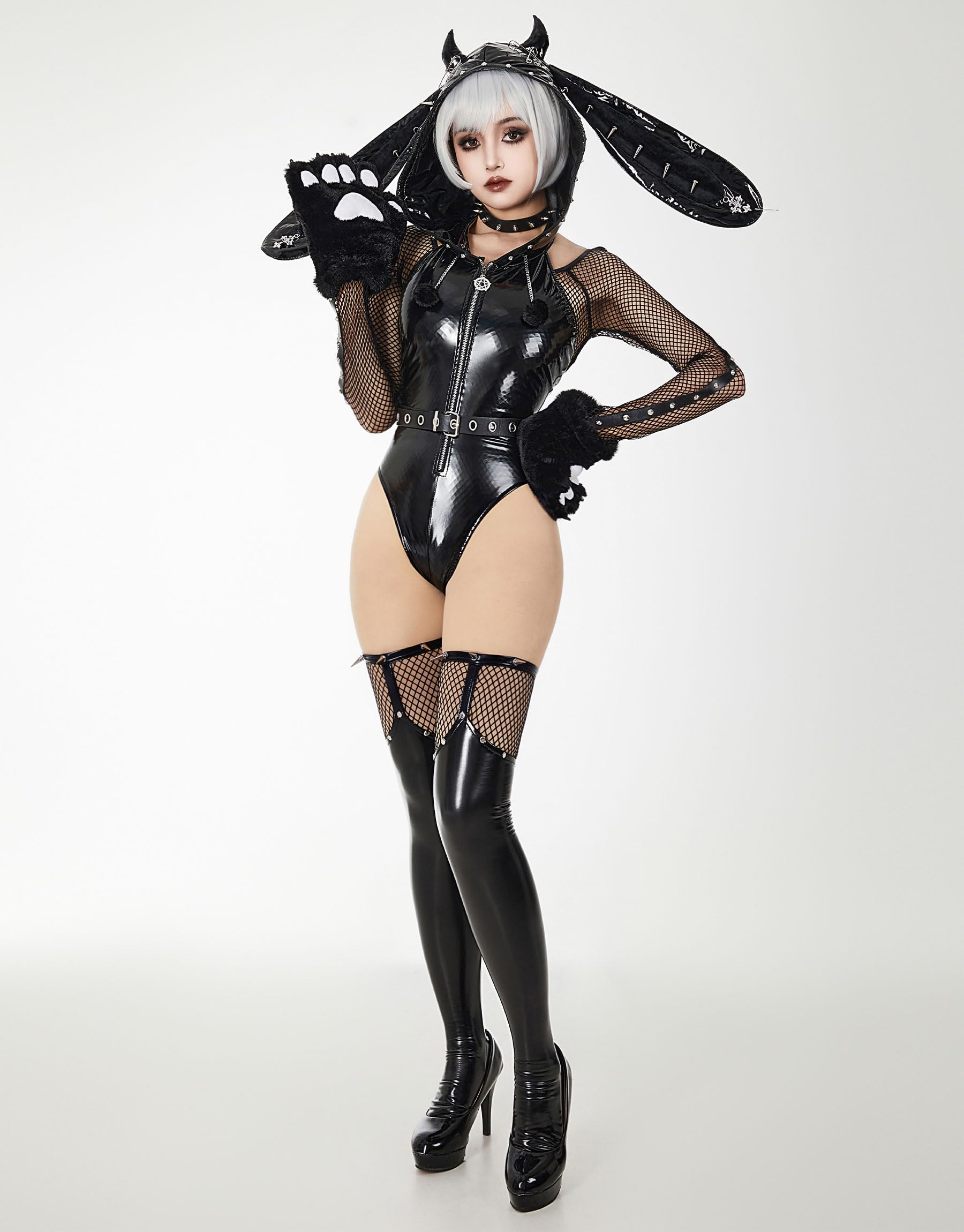 MEOWCOS Gothic Bodysuit Halloween Bunny Bodysuit Set Black Patent Leather Romper