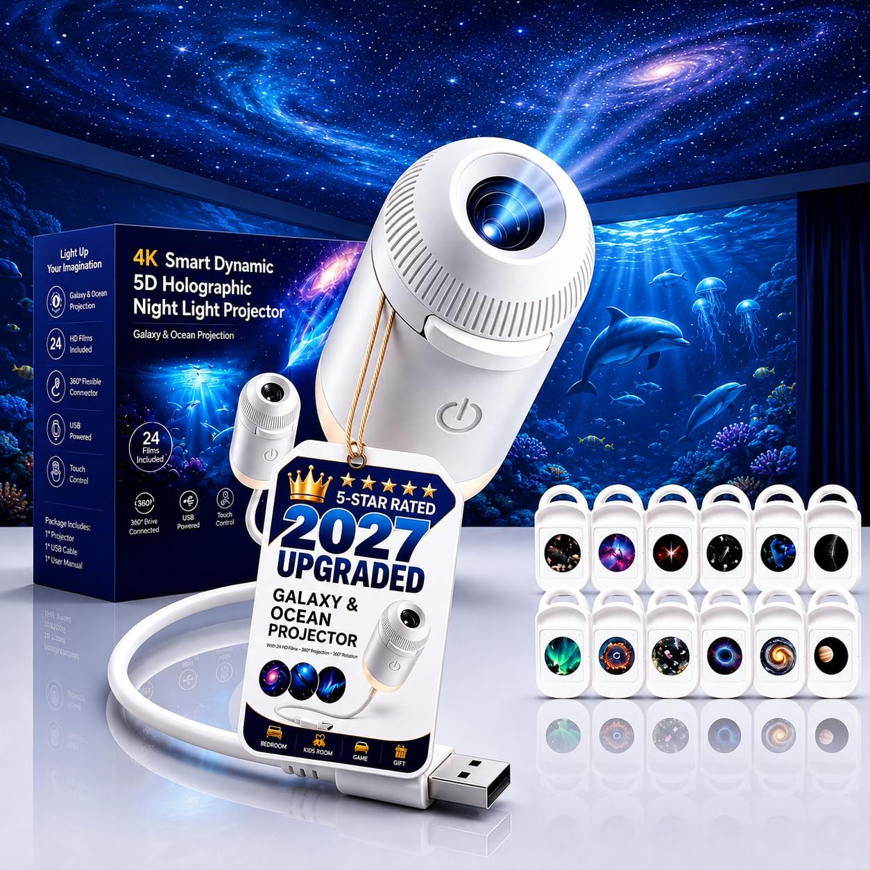 Ocean, Galaxy Projector Night Light, 2027 New Ultra HD Holographic Night Light Projectors, Plug and Play Ceiling Projector, USB Portable, 360° Adjustable Ocean for Bedroom (Upgrad 12 Films)