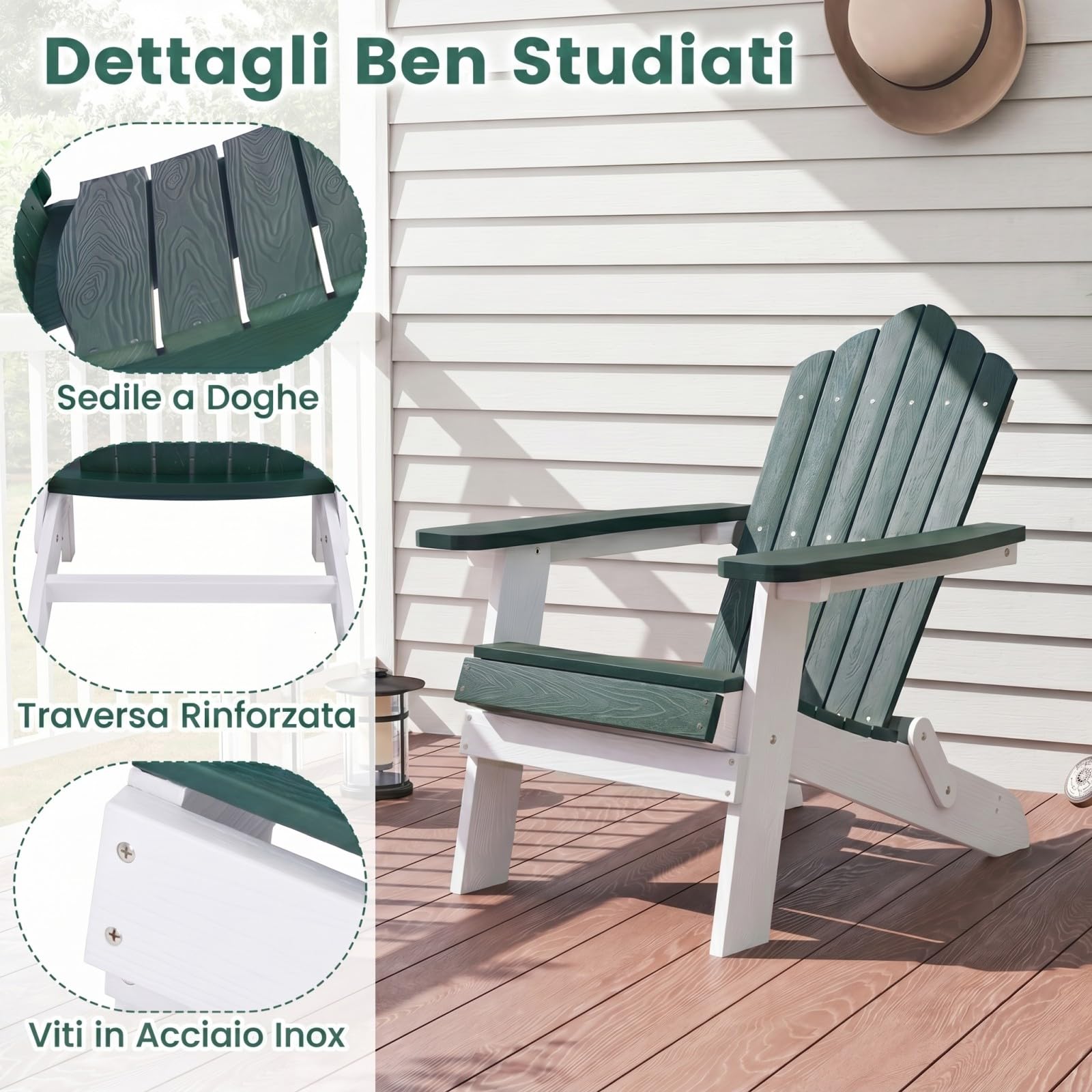 COSTWAY Sedia Adirondack Pieghevole da Giardino, Sedia da Patio in HIPS con Braccioli Larghi e Schienale Inclinato, Poltrona in Legno, per Giardino Cortile, Portata 180 kg (1, Verde+Bianco)