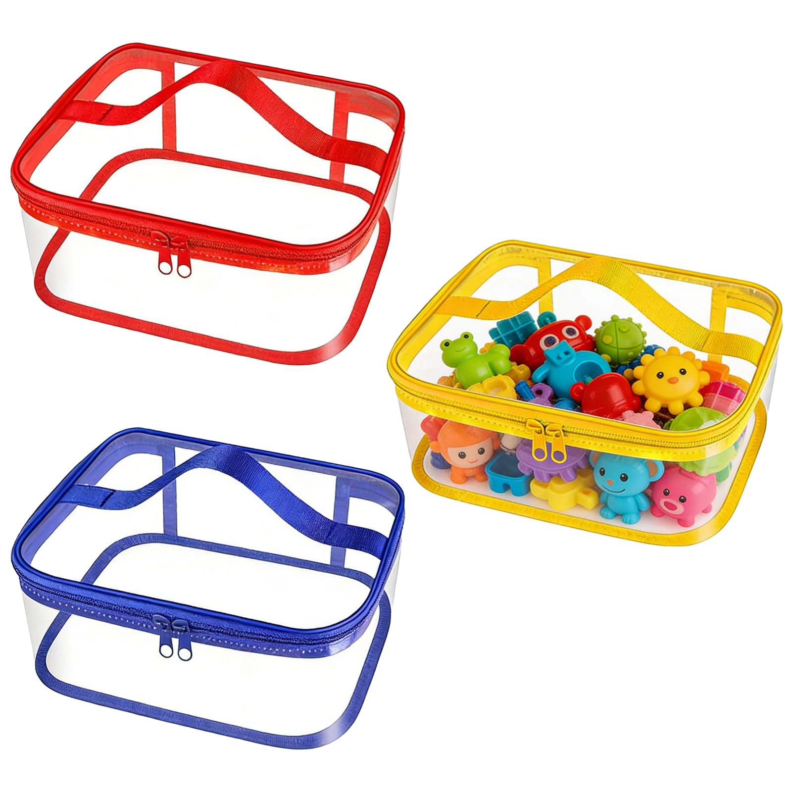 Flhlxzm Red, Blue, Yellow 3 Pcs Clear Pvc Toy Storage Bags, Waterproof Toy Organiser Bags With Double Zipper Reusable Storage Organizer Travel Bag With Handle For Building Blocks Puzzle Balls Board Games