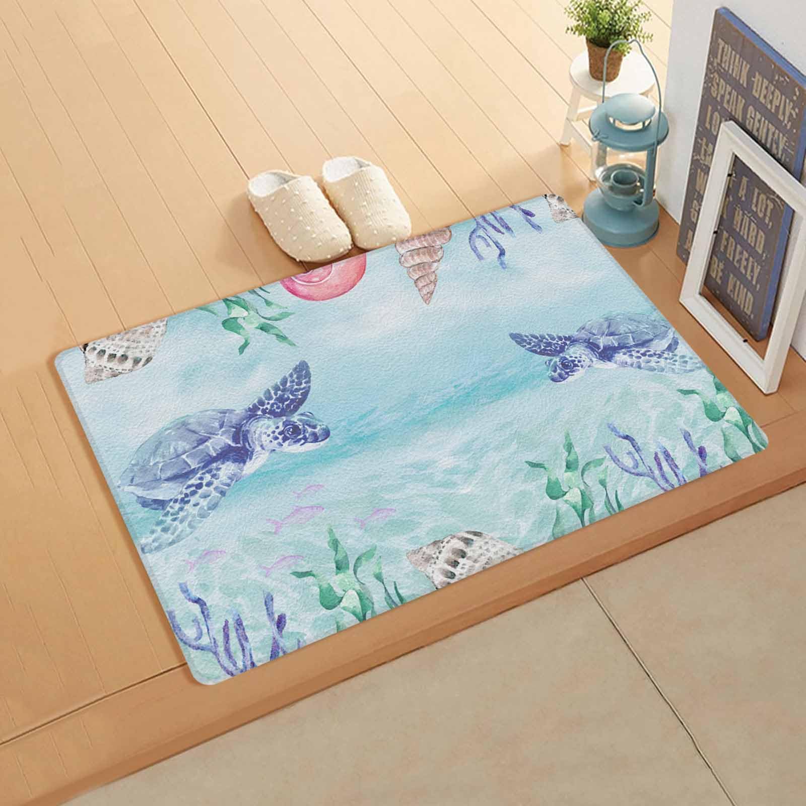 Sea Turtle Kitchen Bath Door Mat Cushioned Runner Rug,Washable Welcome Floor Sink Antifatigue Mat,Waterproof & Non-Slip Comfort Standing Doormat,Ocean Coral Conch Starfish Cartoon Colorful 24