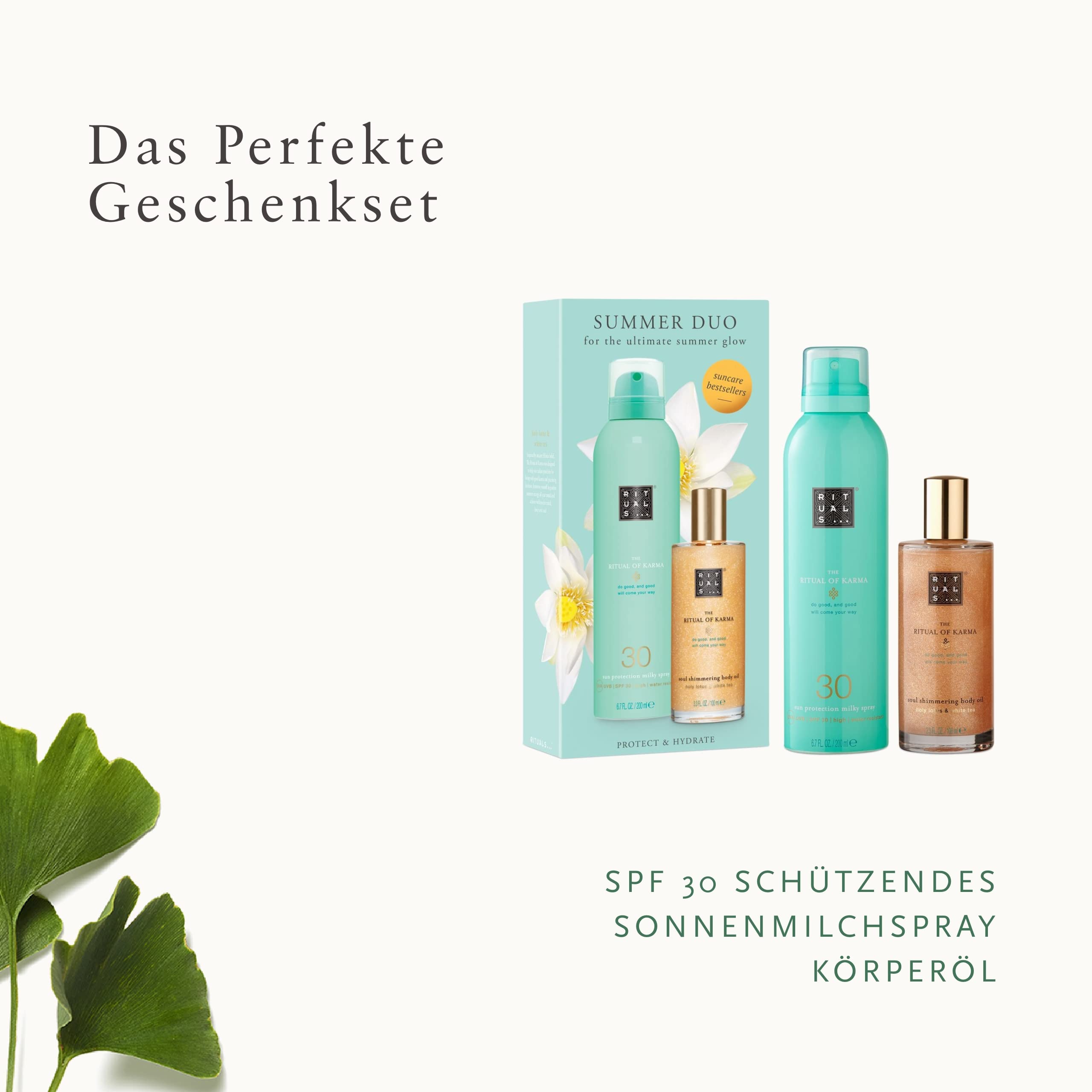 RITUALS Summer Duo Geschenkset von The Ritual of Karma – Sonnencreme mit LSF 30 & Körperschimmeröl – mit sommerlichem Heiligem Lotus & weißem Tee – Beruhigende & beruhigende Eigenschaften