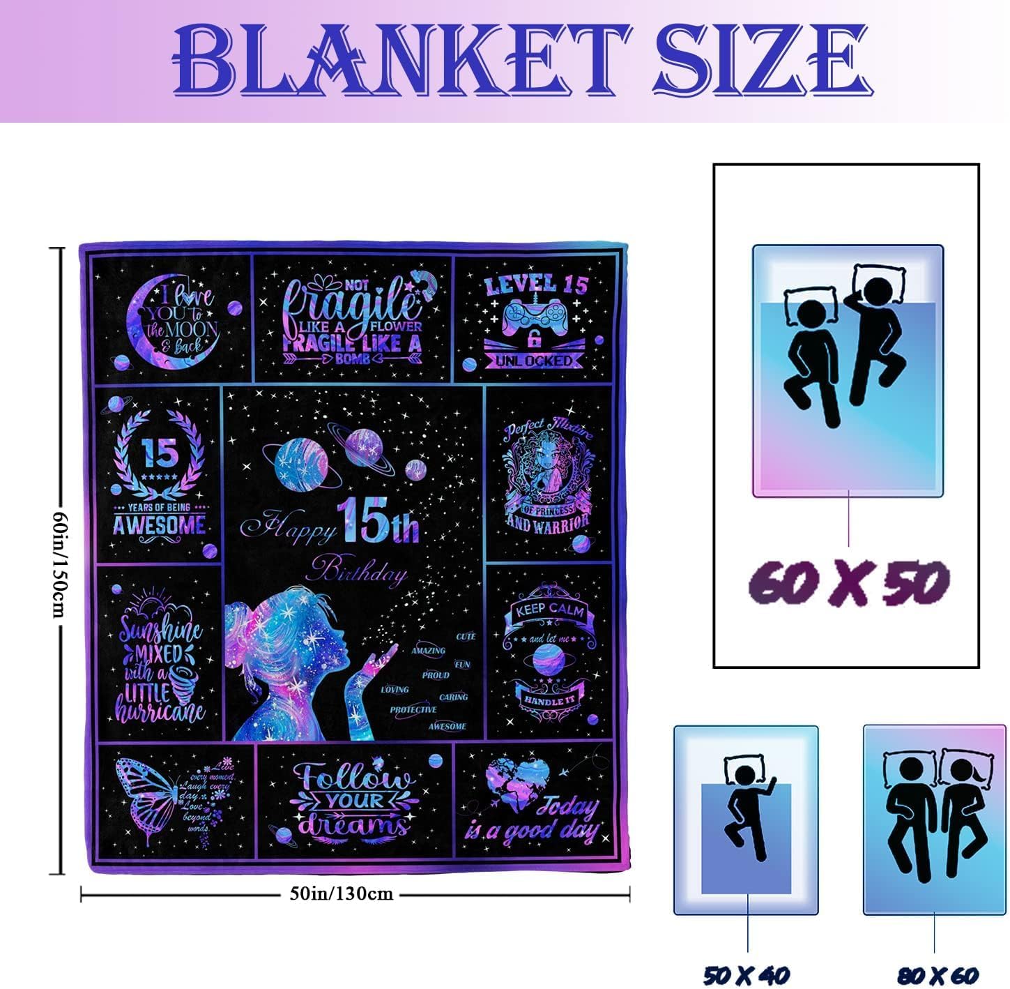 15 Year Old Girl Gifts for Birthday, Quinceanera Gifts, 15th Birthday Gifts for Teen Girls, Birthday Gift for 15 Years Old Girl, Happy 15th Birthday Decorations Throw Blanket 60"X50" - Image 4