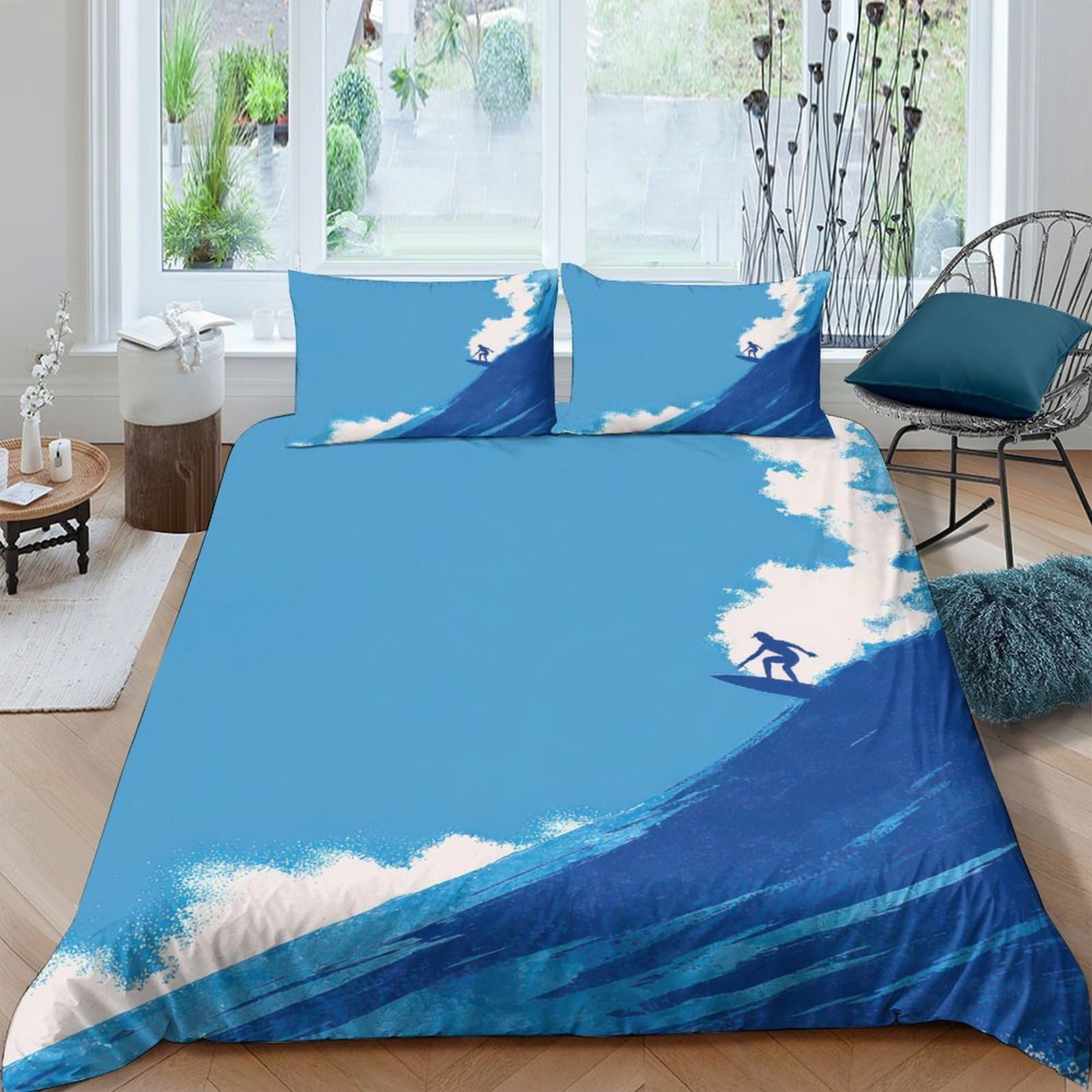 GPLZQXKJNH 3D Printed Surfer Wave Duvet Cover Microfiber Soft Breathable Blue Ocean Bedding Set with 2 Pillowcases for Bedroom Decor Single（135x200cm）