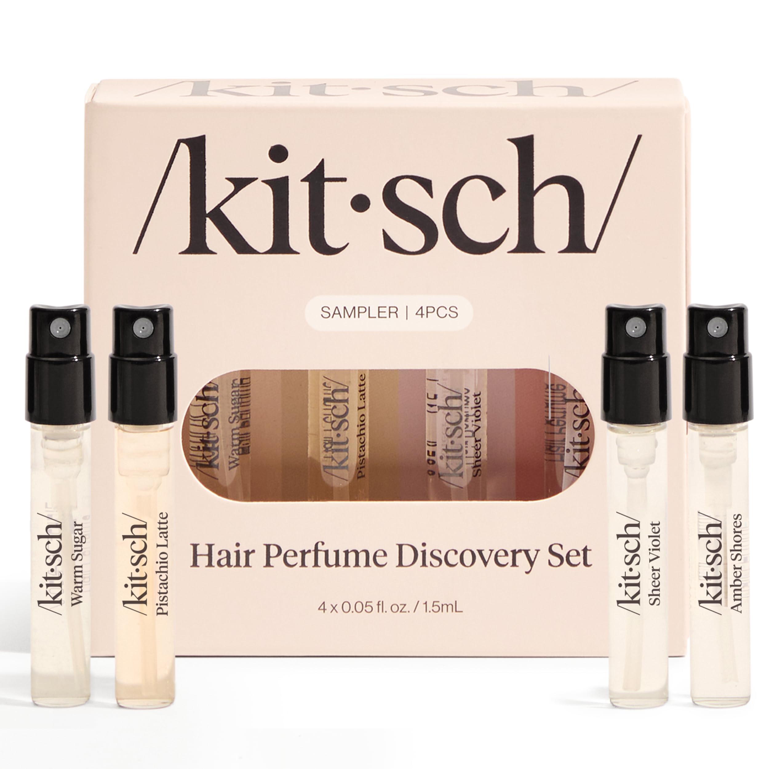 Kitsch Hair Perfume For Women (Discovery Set) - Pistachio Latte, Warm Sugar, Sheer Violet & Amber Waves - Patented Odor-Eliminating Technology, Body Mist - Freshen Hair, Body & Pillows - 4x1.5mL