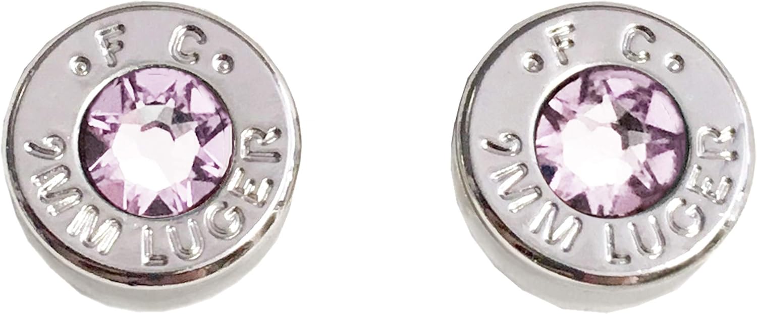 Rhodium Plated 9 Millimeter Ammo Bullet Cartridge Stud Earrings with June Themed Light Lavender Crystals
