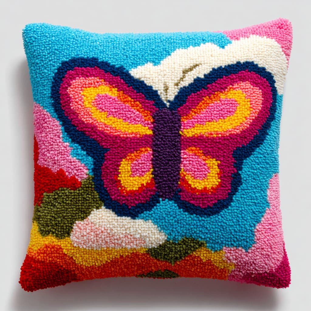 Taxpy Latch Hook Cushion Kits, Animals Butterfly Pillow Case Rug Cover Beginner DIY Needlework Embroidery Kits Handmade Set 43 * 43cm