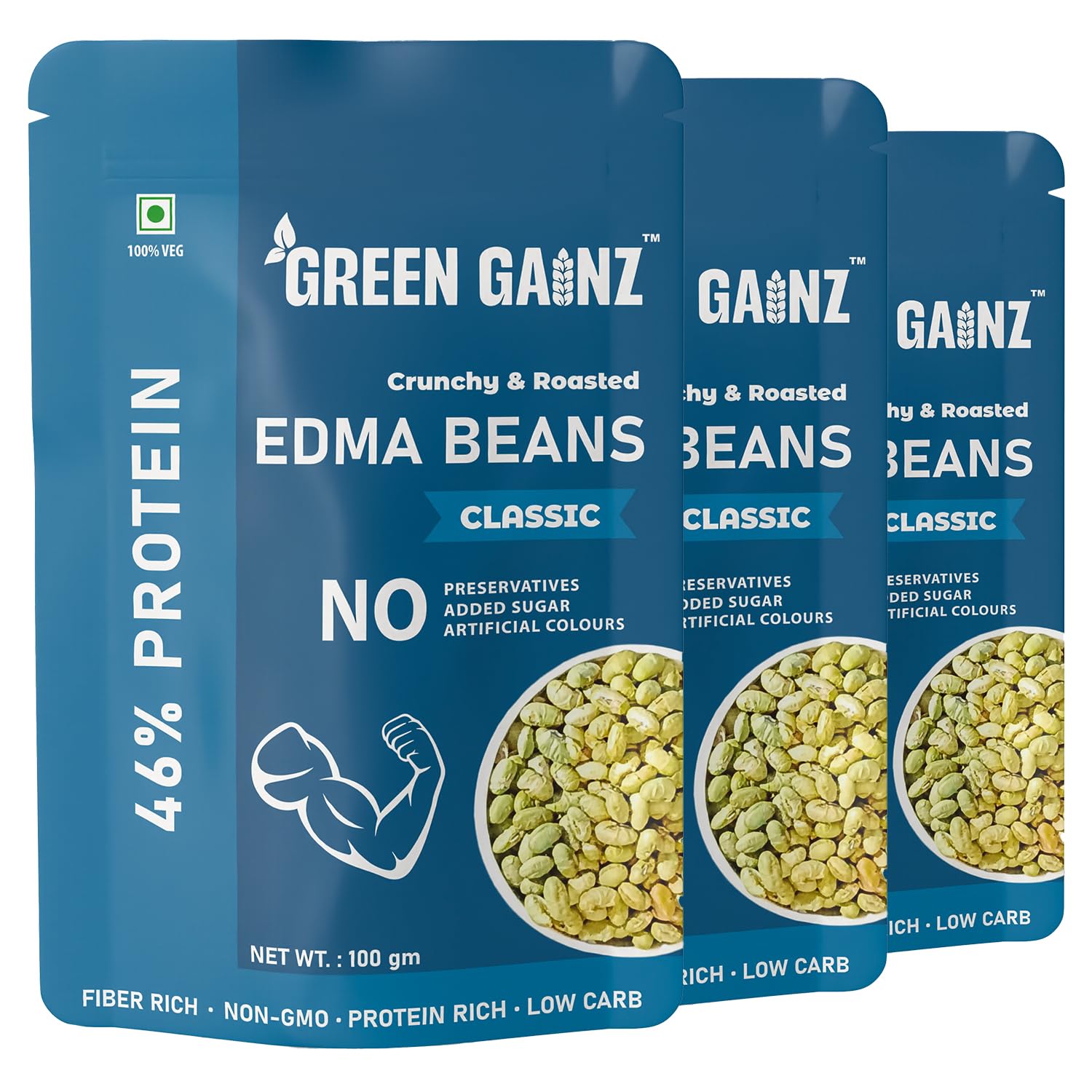 Green Gainz Roasted Edma Beans (Edamame) Classic Flavour (pack of 3-100gm each) | 100% Veg High Protein Snack | No Added Sugar | Non-GMO | Rich in Fiber | No Gluten