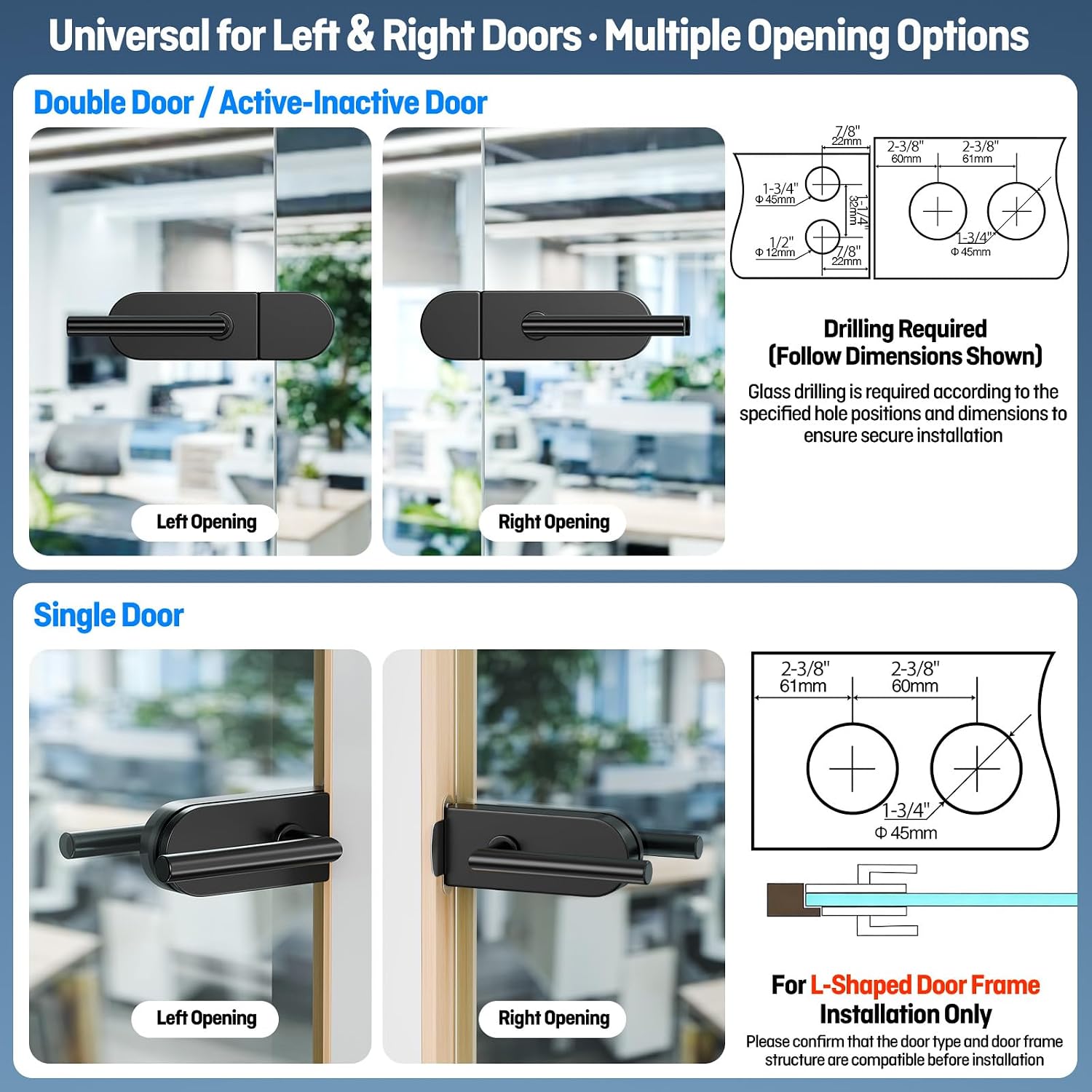 Ranbo Frameless Glass Door Passage Lock with Lever Handles, Matte Black